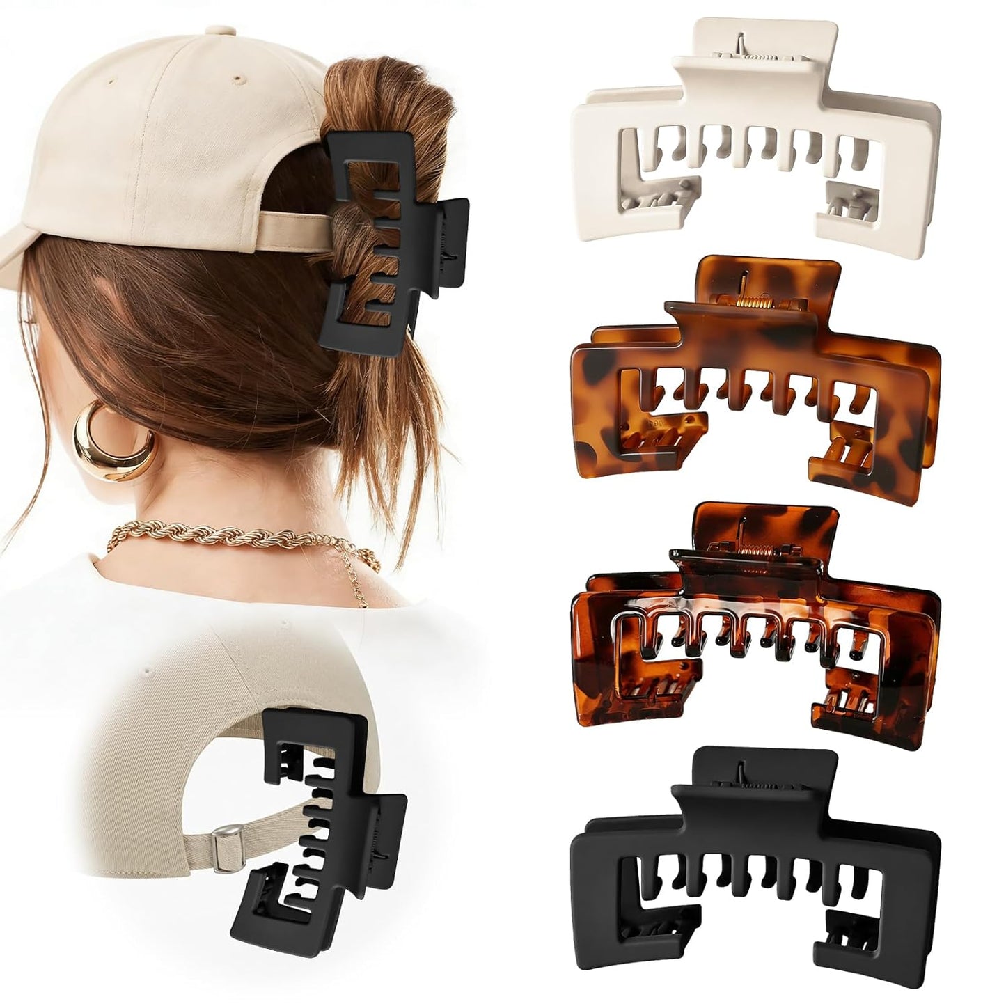 Claw Clips for Baseball Caps - Strong Non-Slip Hair Accessories | 4 Pcs Mixed Colors for Thick & Fine Hair