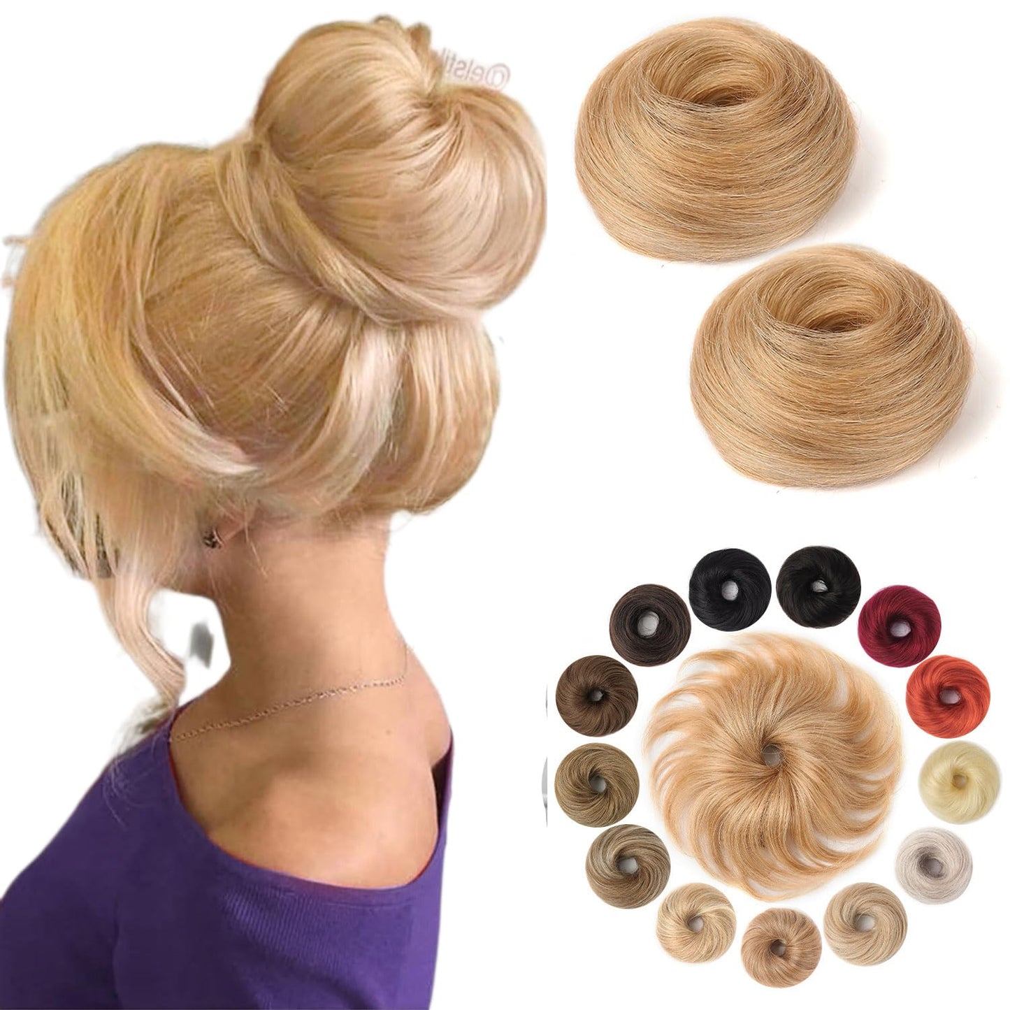 Human Hair Messy Bun - Ash Blonde Wavy Updo Scrunchies | 2 Count, Fluffy & Stretchy Donut Chignons