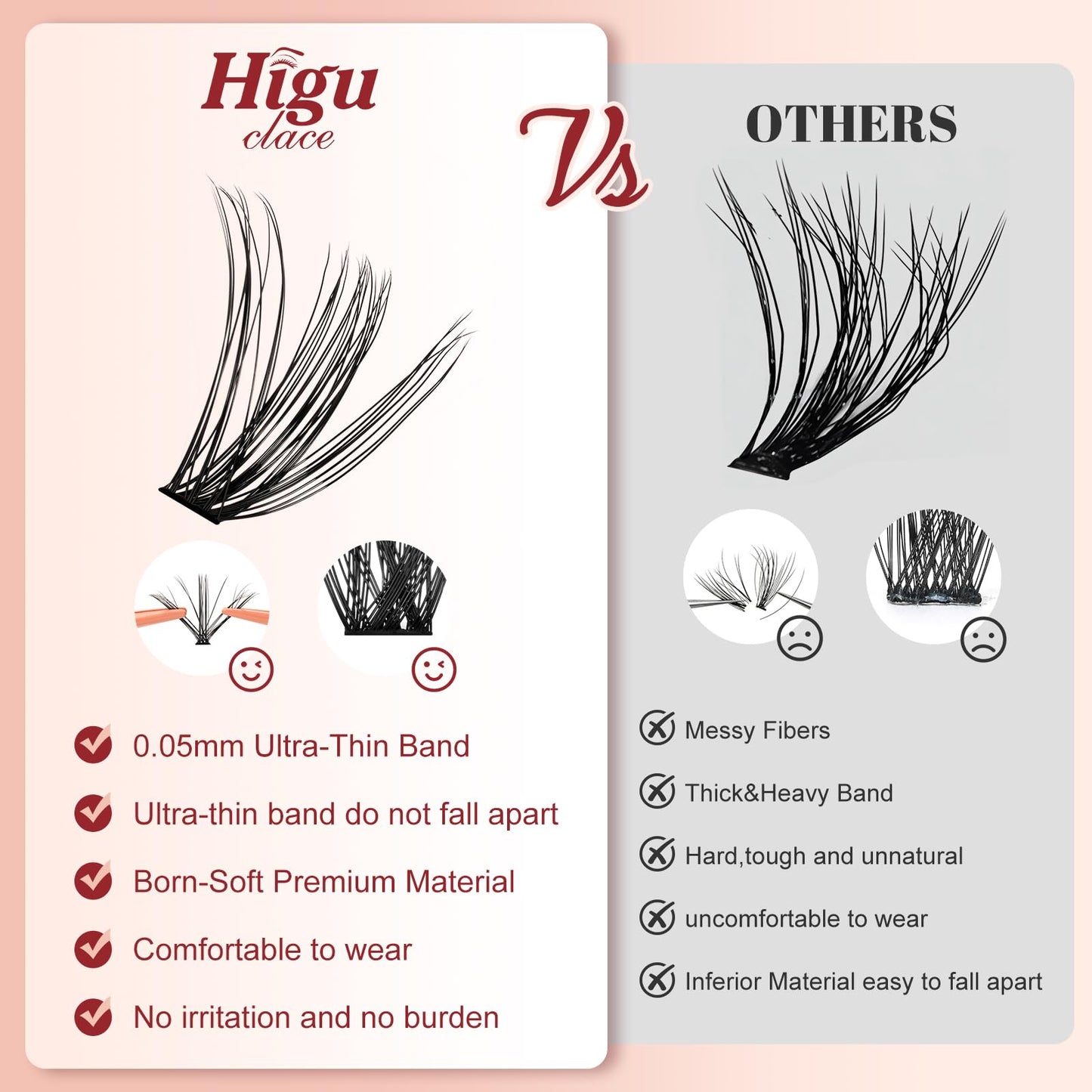Higu clace Lash Clusters 600pcs 30D+40D+50D+60D+80D+100D Eyelash Clusters 6 Styles Mixed 10-18MM, Wispy Cluster Eyelash Extensions, Easy to Use, Can DIY at Home