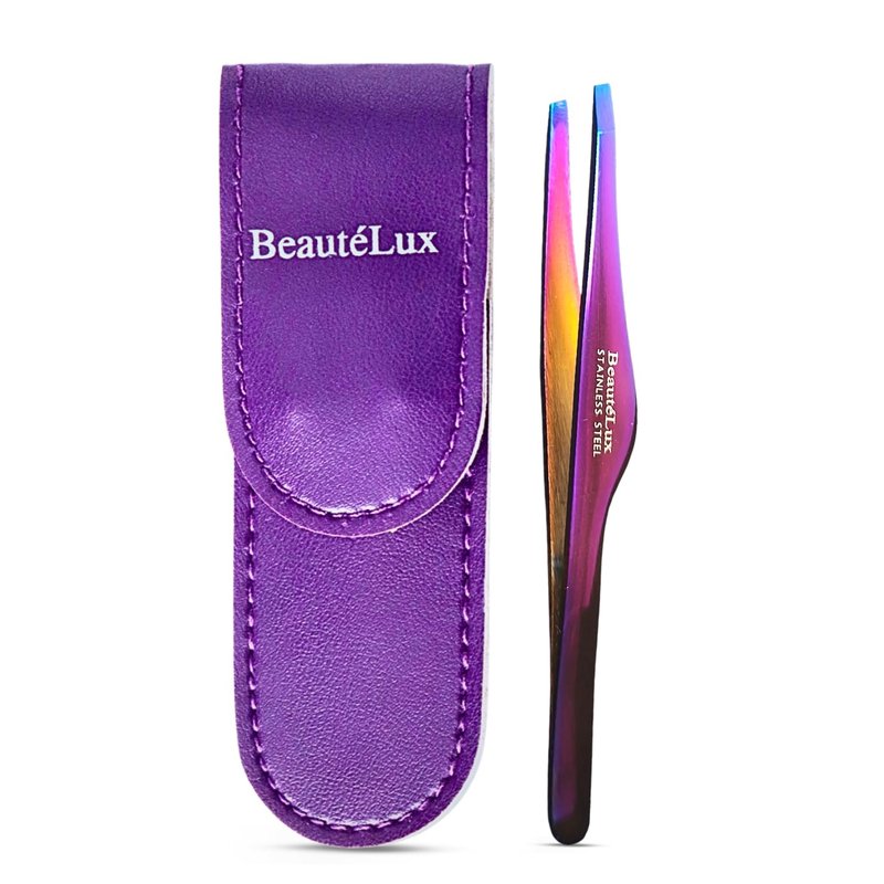 Beautélux Pro Series Purple Titanium Coated Tweezers – Precision Slant Tip Eyebrow Tweezers with Elegant Design, Professional Stainless Steel Hair Removal Tool with Purple Leather Pouch