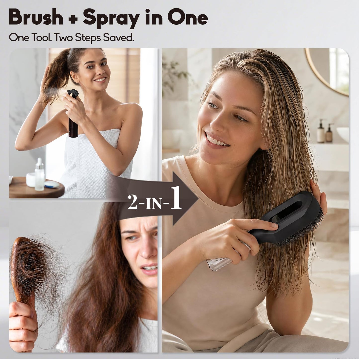 Misting Detangling Brush with Fine Continuous Spray, Anti-Static Mist Comb for Wet & Dry Hair, Frizz & Flyaway Control for Straight, Curly & Thick Hair, Black