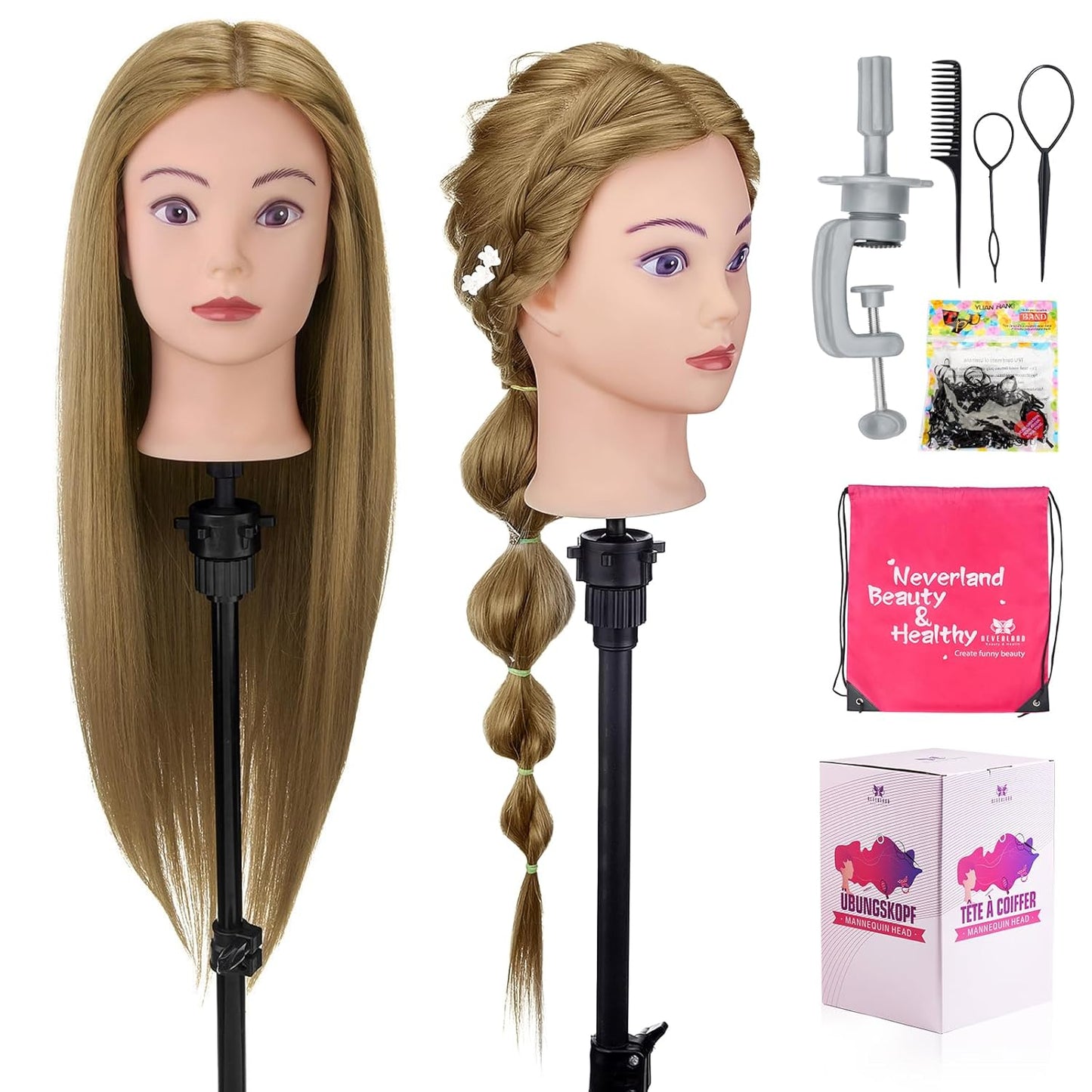Human Hair Mannequin Head - 28” Cosmetology Training Doll for Hair Styling | 80% Real Hair with Table Clamp