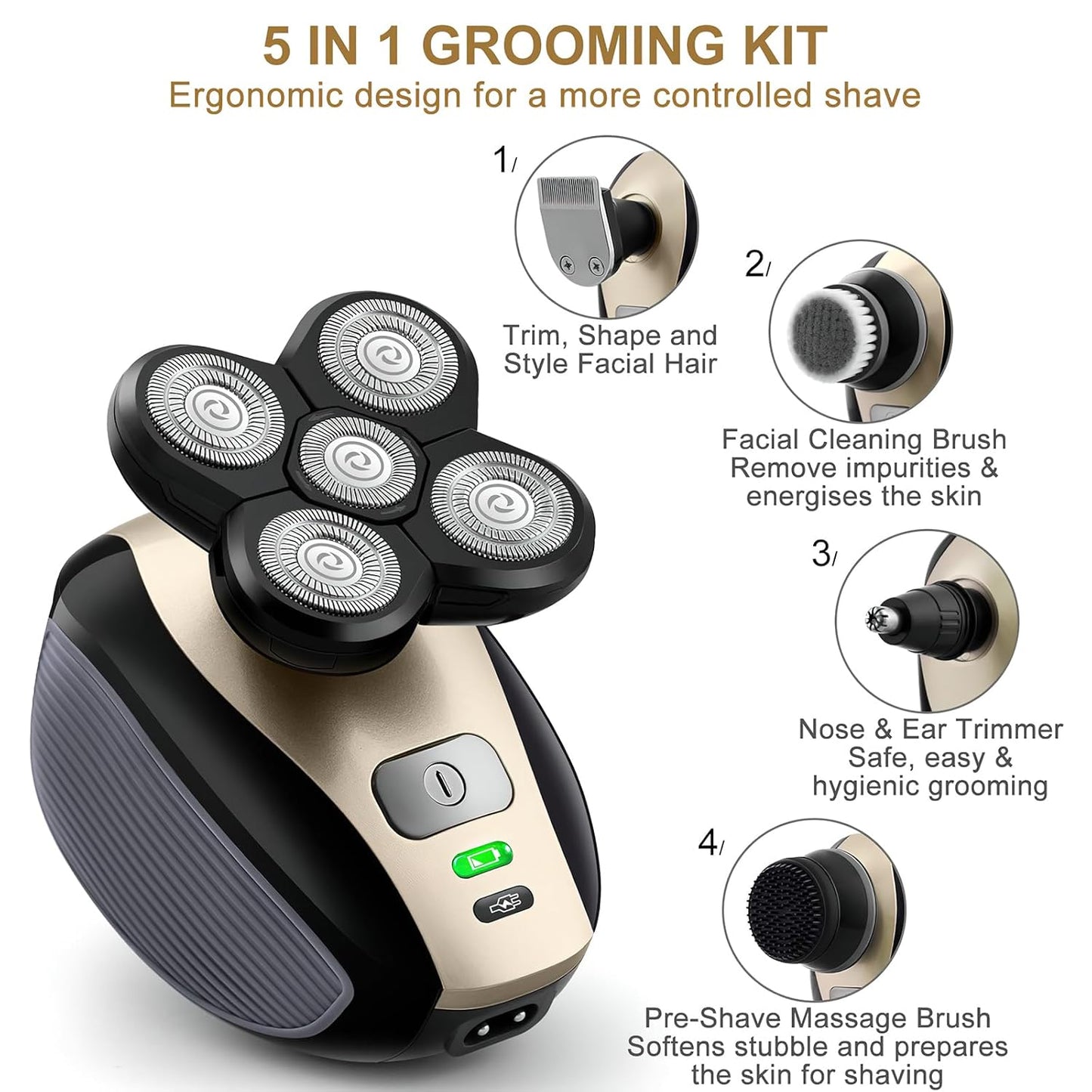 Bald Shavers for Men - 5-in-1 Waterproof Electric Head Razor | Cordless, Wet/Dry Shaving, Mess-Free Hair Capture