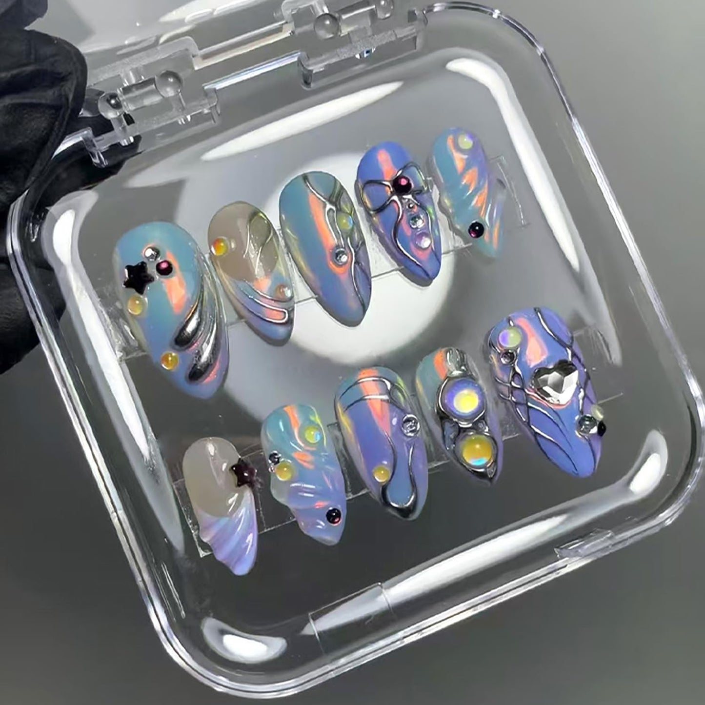 Blue Flower Press-On Nails - Medium Almond French Tip with Bow Design | Glossy Full Cover for DIY Manicure