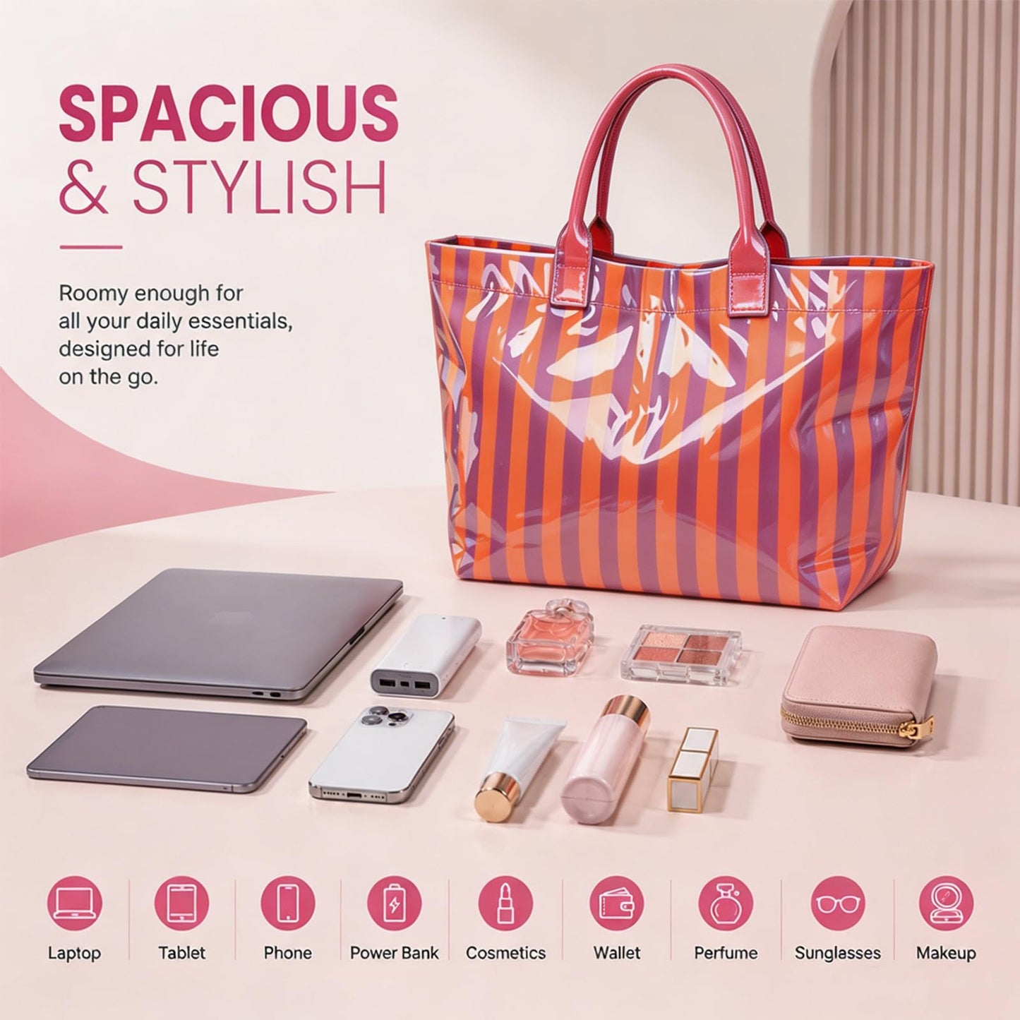Tote Bag for Women Striped PVC Tote Bag Beach Tote Bags,Waterproof Handbag for Travel,Pool,Summer Travel Vacation Purse