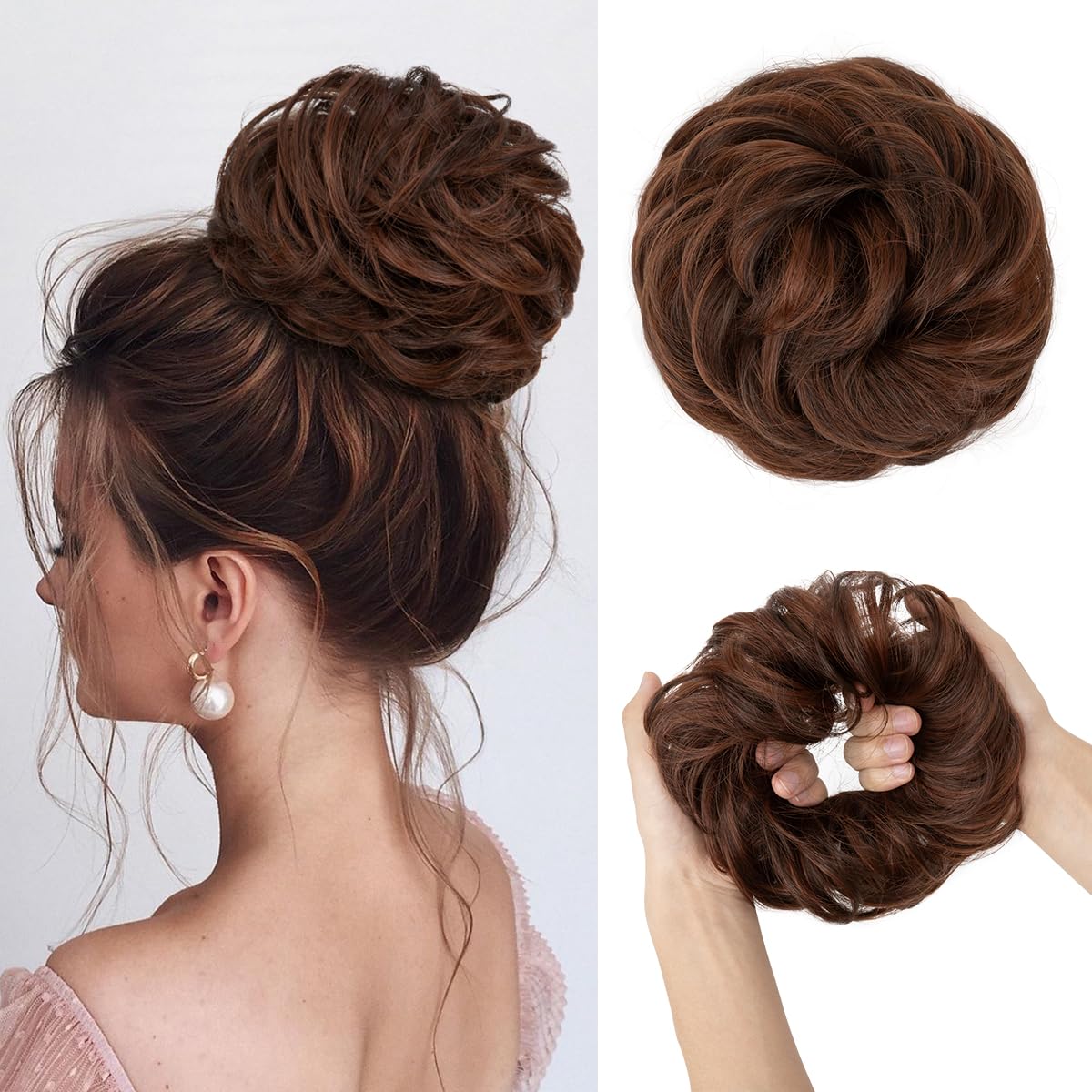 Large Messy Bun Hair Piece - Wavy Curly Synthetic Ponytail Extensions | Thick Updo in Pecan Blonde