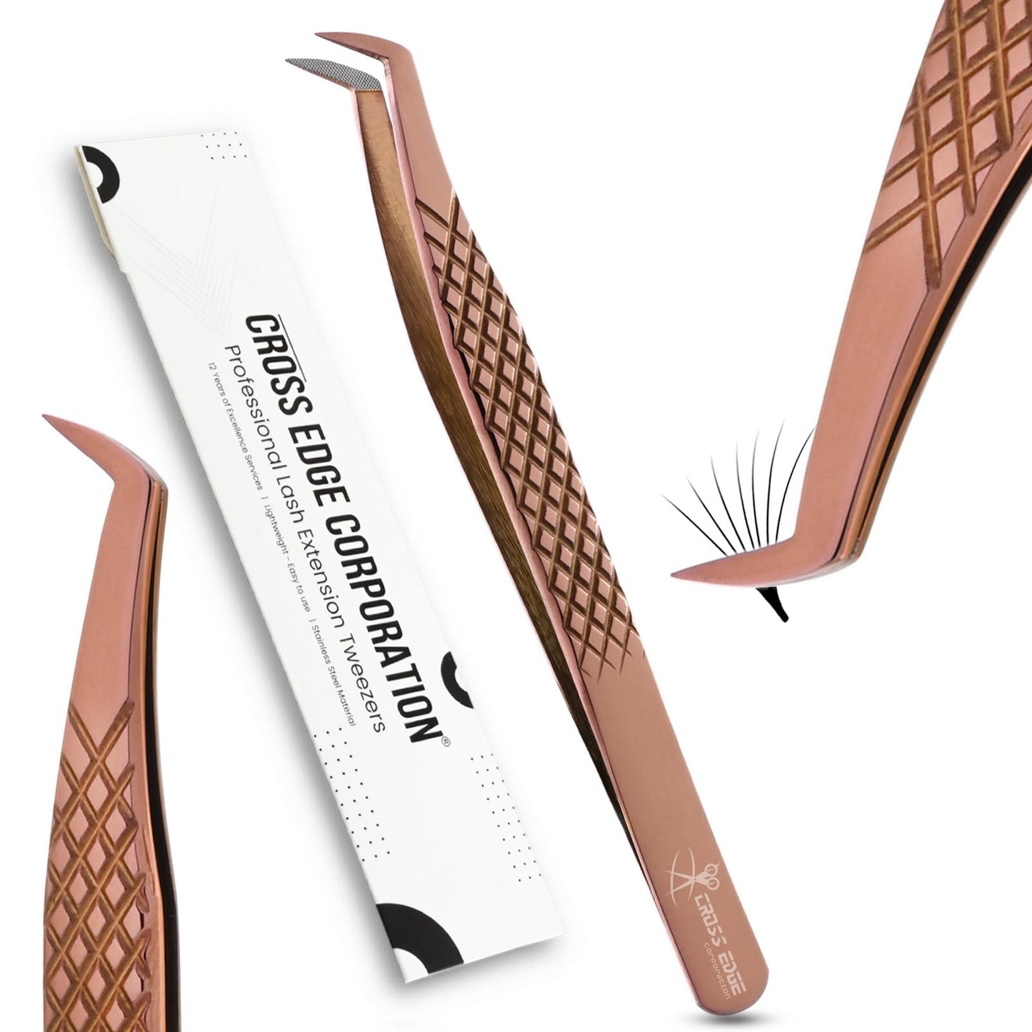 Fiber Tip Lash Tweezer for Eyelash Extensions — 12cm Volume Lash Tweezer for Volume Fan Application | Lightweight Stainless Steel, Rose Gold Finish | Cross Edge Corporation Lash Artist Tool