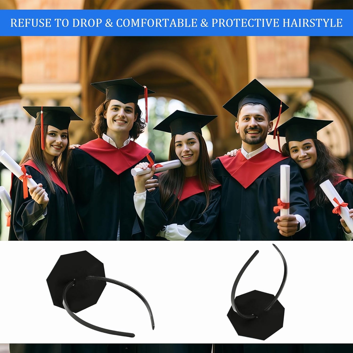 Graduation Cap Headband Insert - Secure Clip Holder for Grad Hats | Anti-Fall Hair Bands (2pcs)
