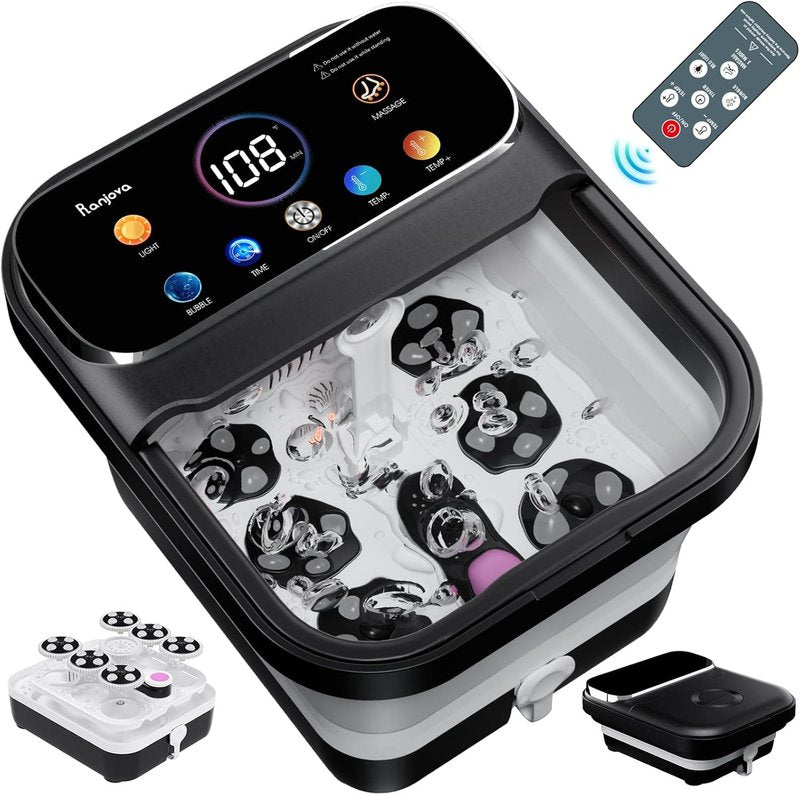 Electric Foot Spa with Touchscreen Display - Collapsible Heated Bath & Remote Control | 24 Shiatsu Massage Balls (Black)