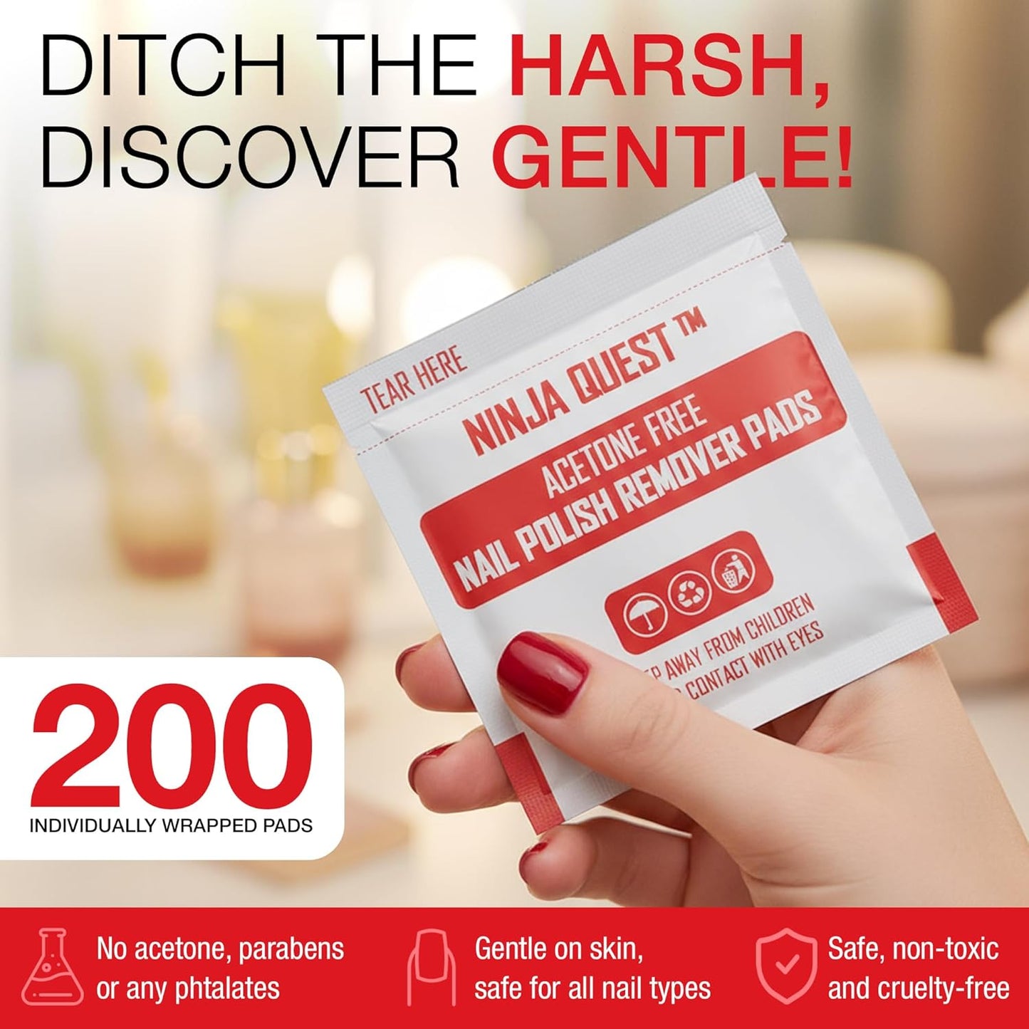 Nail Polish Remover Pads - Non-Acetone Wipes for Gel Polish | 200 Individually Wrapped Travel Kits