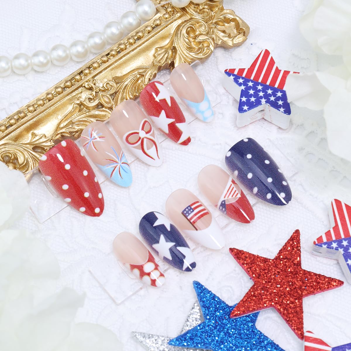 Patriotic 4th of July Press-On Nails - Short Almond French Tips | 30 Pcs Red, White & Blue with Star & Bow Designs