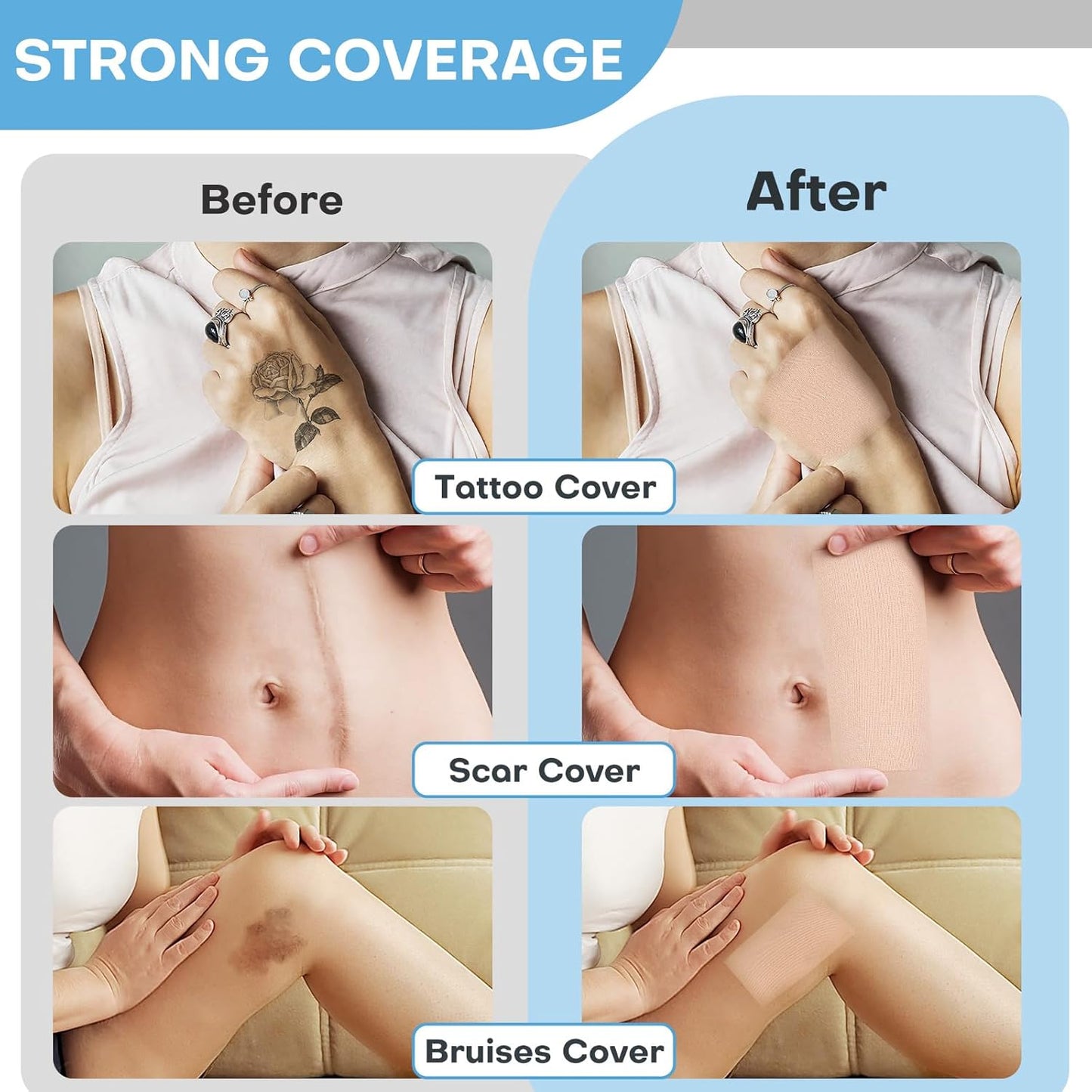 Tattoo Cover Up Tape - 2 Rolls of 3"x16.4ft Water-Resistant Skin Tone Patches | Conceal Tattoos, Scars & Birthmarks - Light Tan