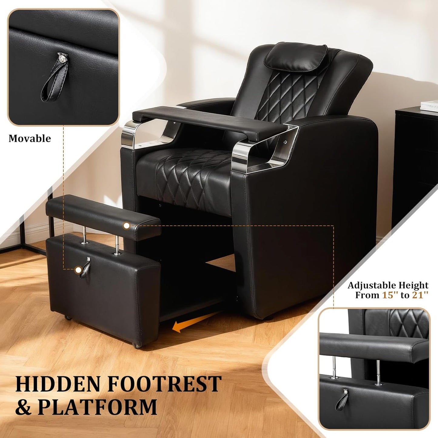 Electric Pedicure Chair - Adjustable Backrest, Movable Hand Pillow & Hidden Storage | Professional Nail Tech Spa Station (Black)