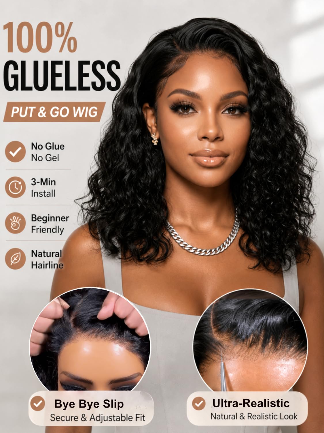 UNICE Side Part Water Wave Bob Wig Human Hair 220% Density with Drawstring, 6x4 Glueless Lace Wig Pre Plucked Pre Cut, Ready to Wear Short Curly Wig Bleached Knots, Beginner Friendly, 10 Inch