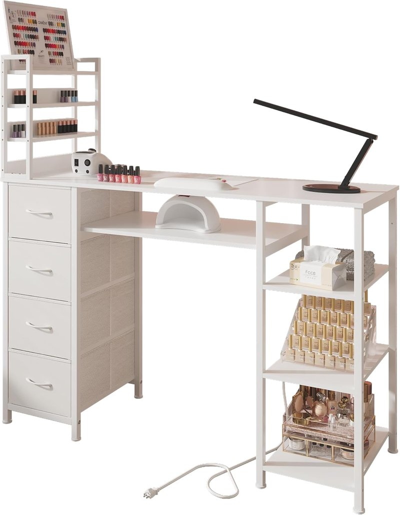 Manicure Table - Nail Desk with Drawers & Power Outlet | Beauty Workstation for Home & Salon (White)