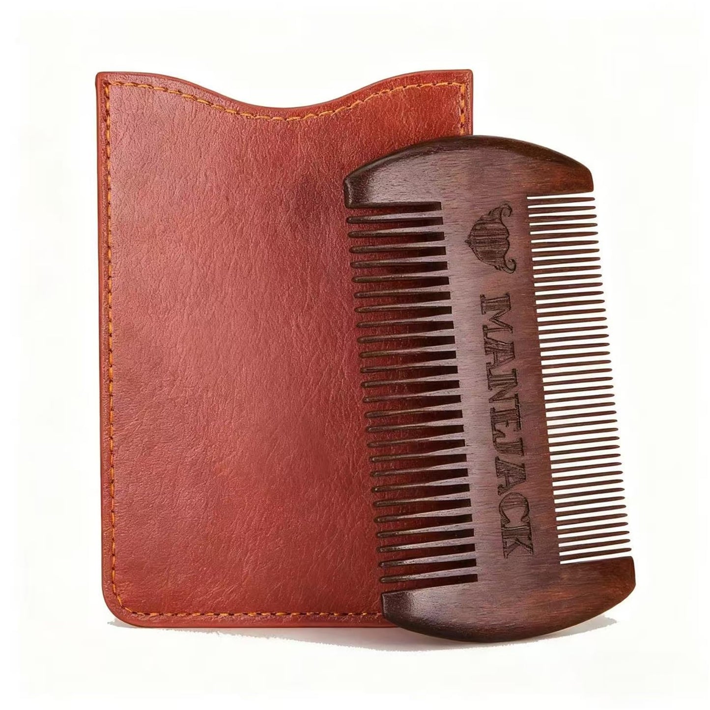 Wooden Beard Comb with Carrying Pouch - Top Pocket Combs Kit for Men - Perfect for Beard, Head hair, Mustache-Dry Use with Balms and Oils - Fine and Coarse Teeth