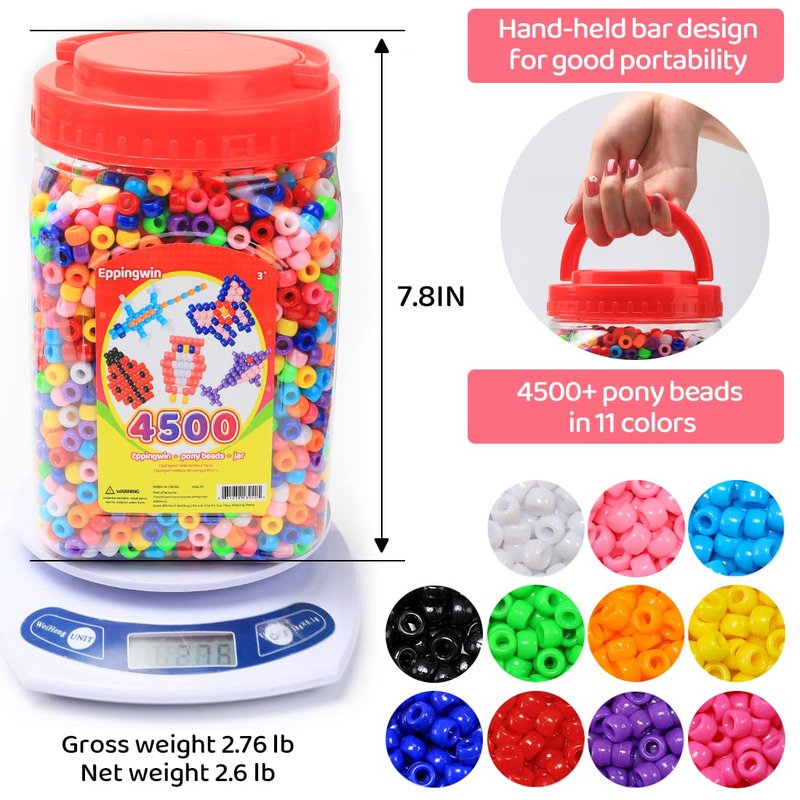 2.5 lb Wholesale Large Pony Beads (6x9 mm) Bucket, Easy Storage Beads Bulk, Over 4500 Pony Bead for Jewelry Making, Crafts