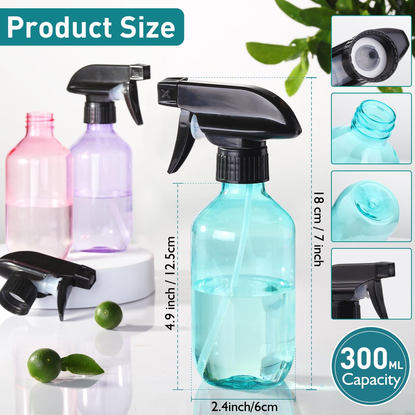 Spray Bottles 2 Pack 10 oz Plastic Squirt Bottles with Adjustable Nozzle