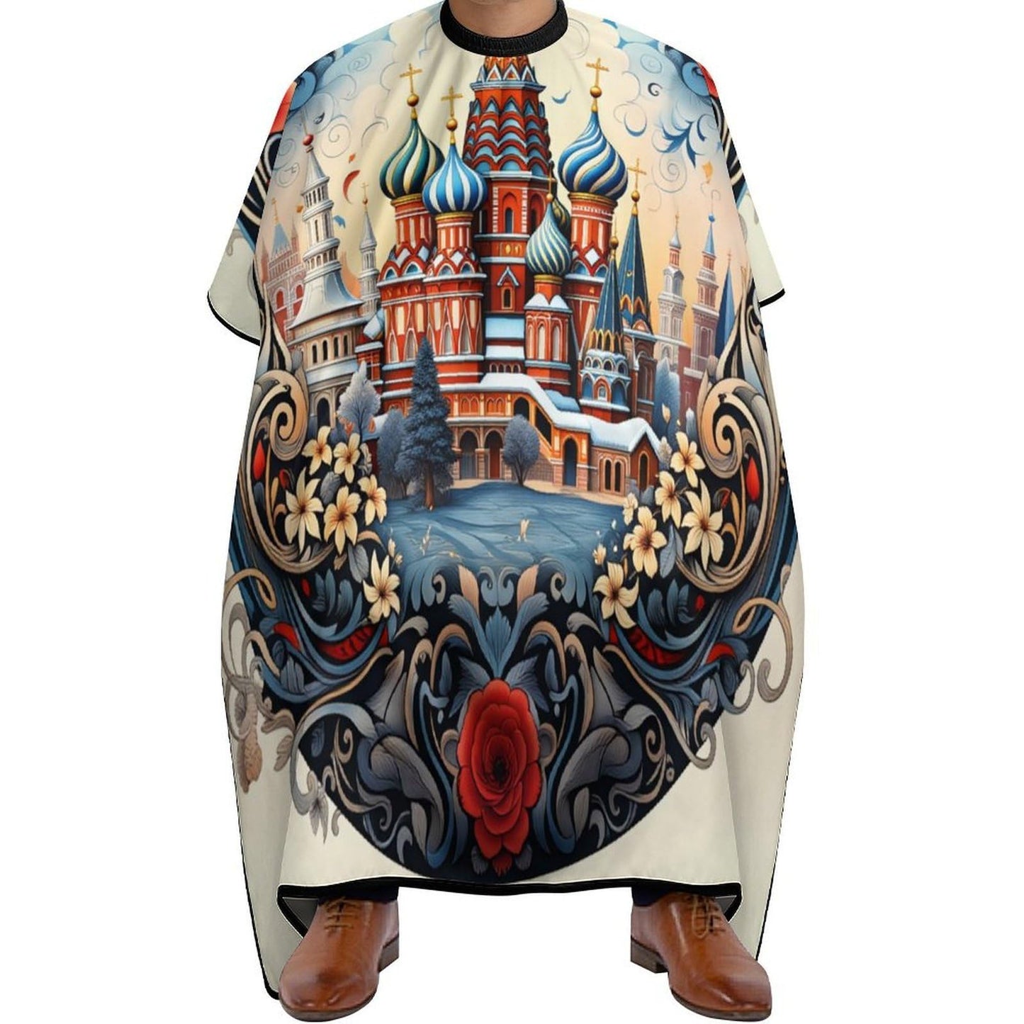 PGDFHGF Russian Cathedral Floral Frame Adult Barber Apron for Men Women, Soft Durable Hairdressing Cape with Adjustable Snap Closure for Home Use Barbershops Salons
