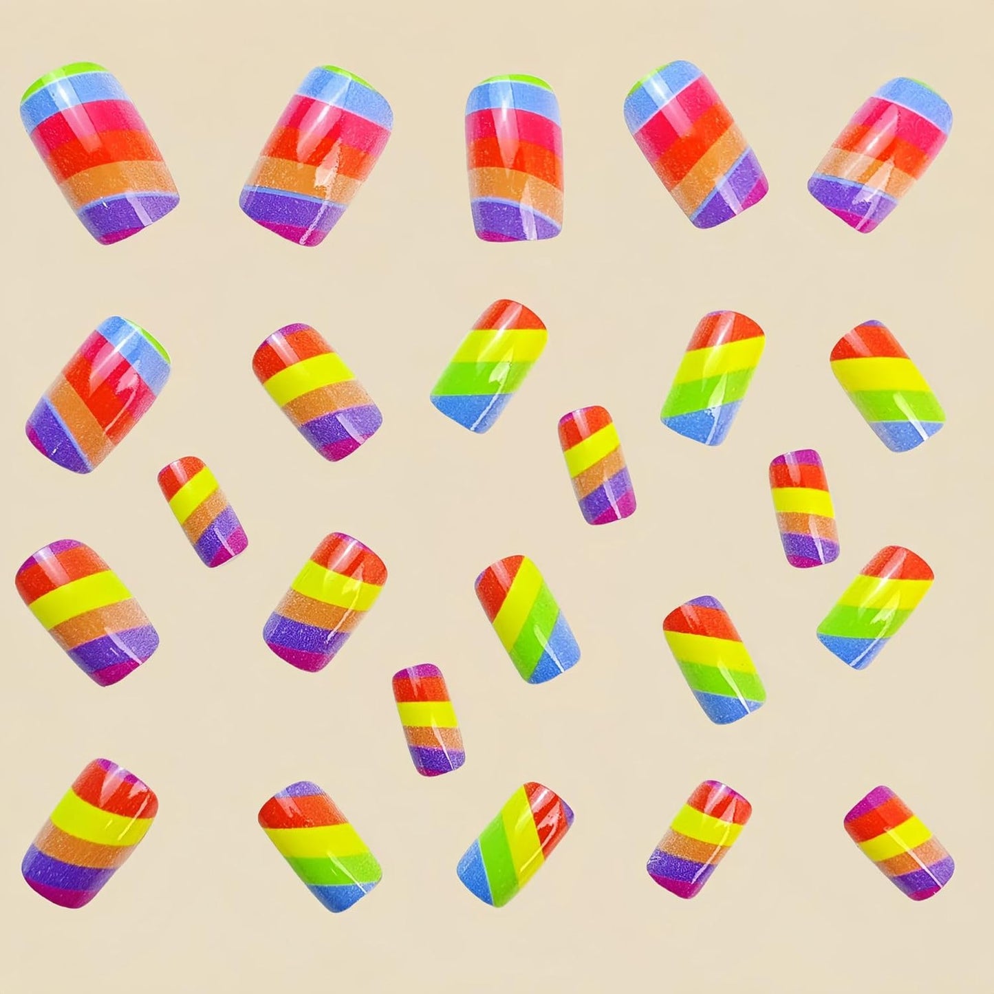 Rainbow Press On Nails - Medium Square Acrylic Nails with Colorful Stripes | 24 Pcs Full Cover Summer Design