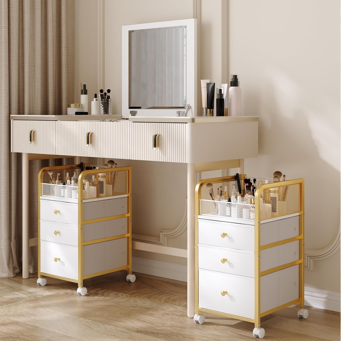 Rolling Makeup Organizer Cart - 3 Drawer Vanity Storage with Gold Finish | Under Desk Cosmetic Display for Nail Polish & Brushes