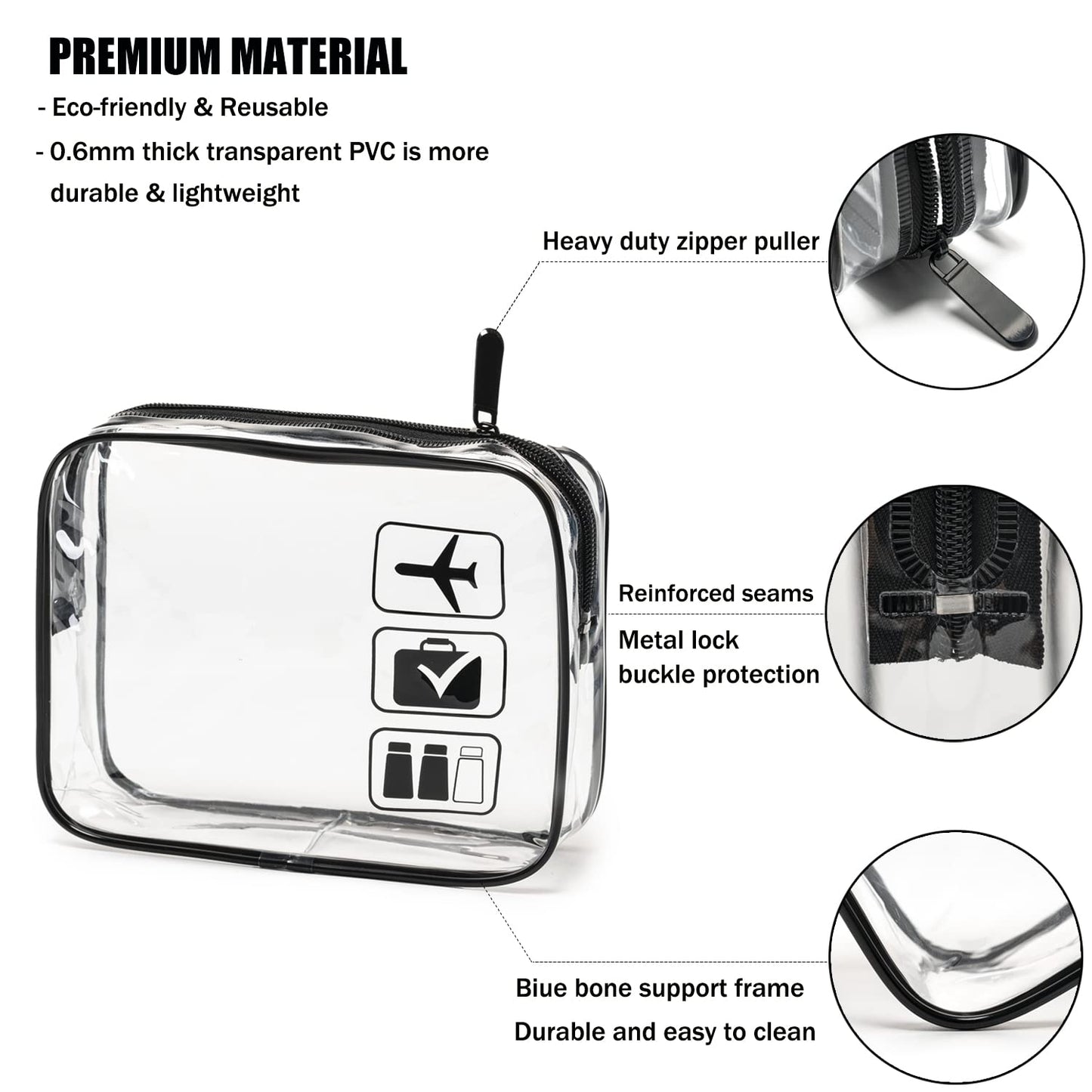 TSA Approved Clear Toiletry Bag Set - 3 Pcs Quart Size Travel Makeup & Cosmetic Organizer | Black