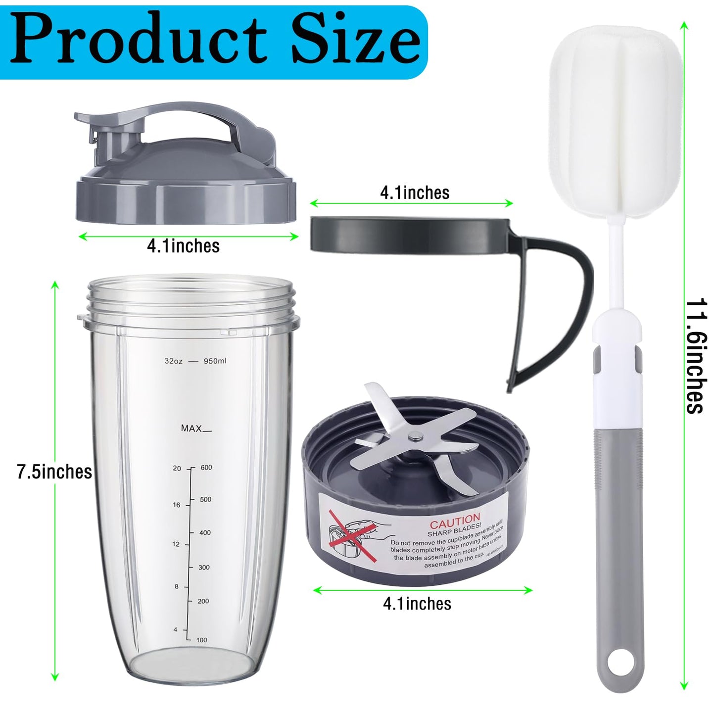 For nutribullet Blender Cups & Blade Replacement Set 32oz Huge Cup with 2 Flip-Top To-Go Lid and 1 Lid Ring Handle, Extractor Blade Replacement Blender Parts for NutriBullet 600w/900w Blender