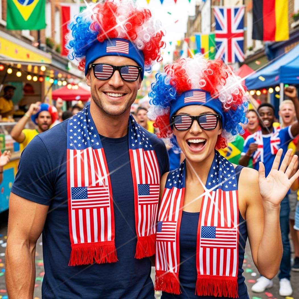 BODIY Soccer Sport Match Flag Head Accessories Football Fans Wig Flags Scarf Game Day Glasses for Men and Women (America)