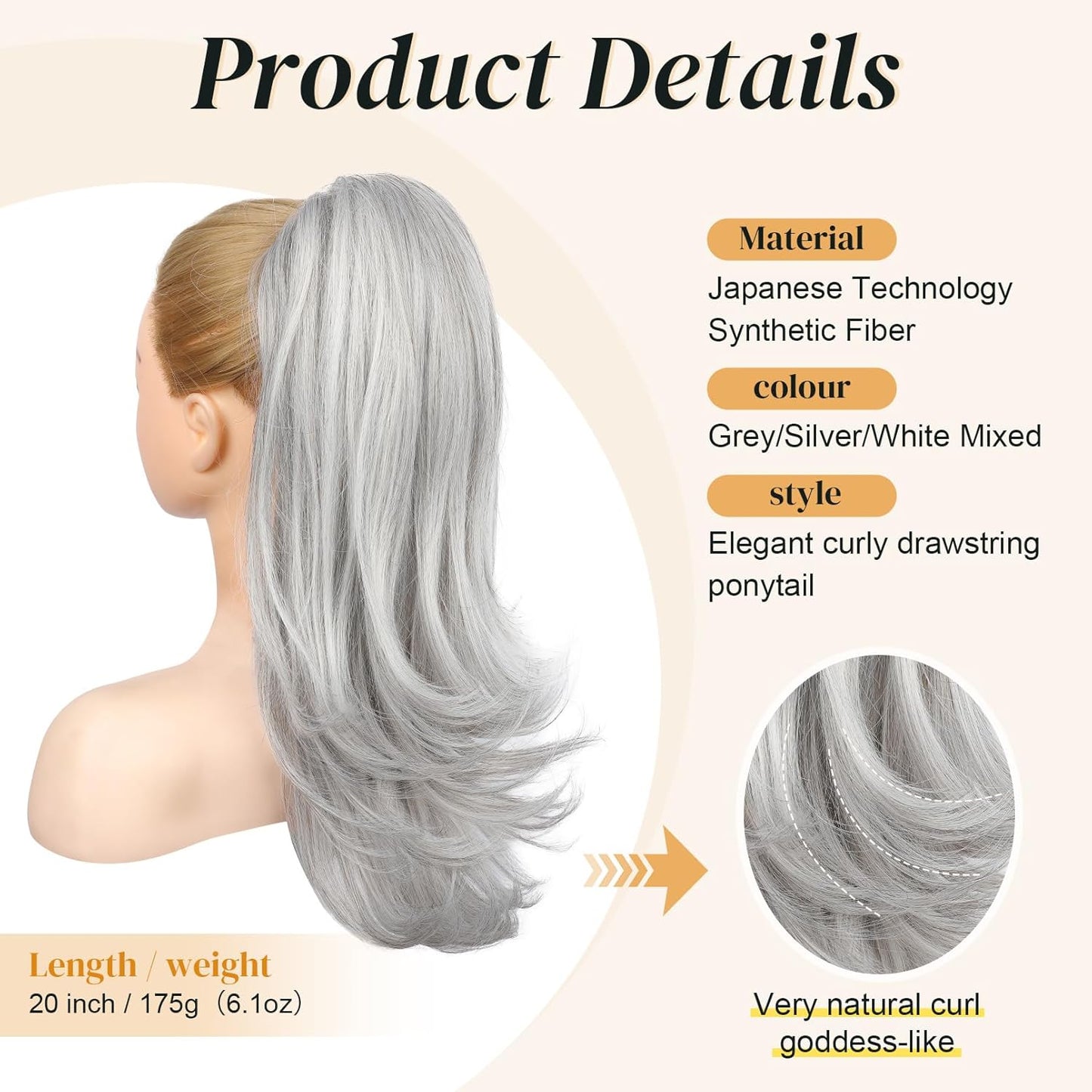 Ponytail Extension for Women - 20 Inch Drawstring Hairpiece | Soft Natural Look in Grey/Silver/White Mix