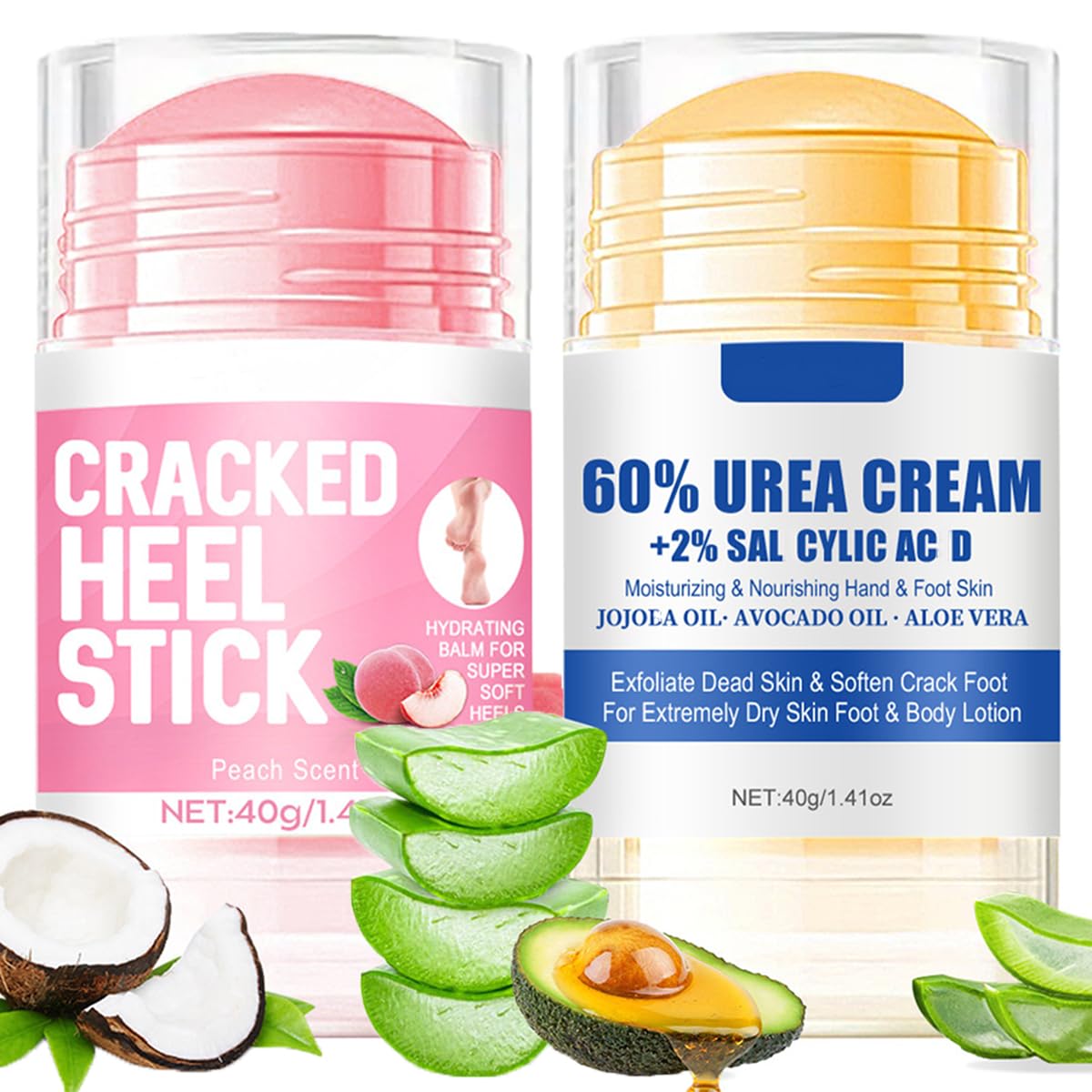 Peach Scented Foot Cream Set - 60% Urea Intensive Moisturizer for Dry Cracked Skin | Heels, Elbows & Knees Care