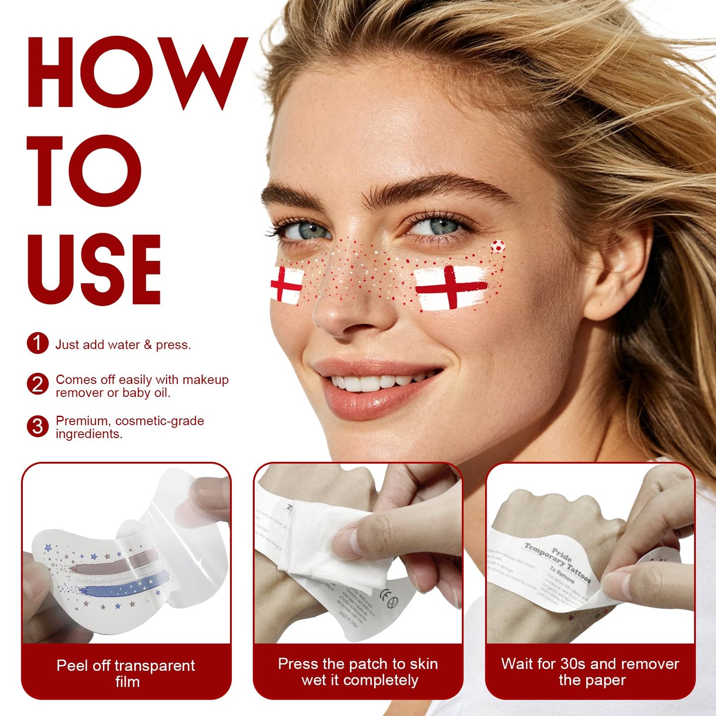 VXZ Red & White Soccer Fan Freckles Face Tattoo - Cross Flag Brushstroke Temporary Tattoos | Waterproof Sports Sparkle Stickers for Football Matches & Game Day Celebrations (8 Sheets)