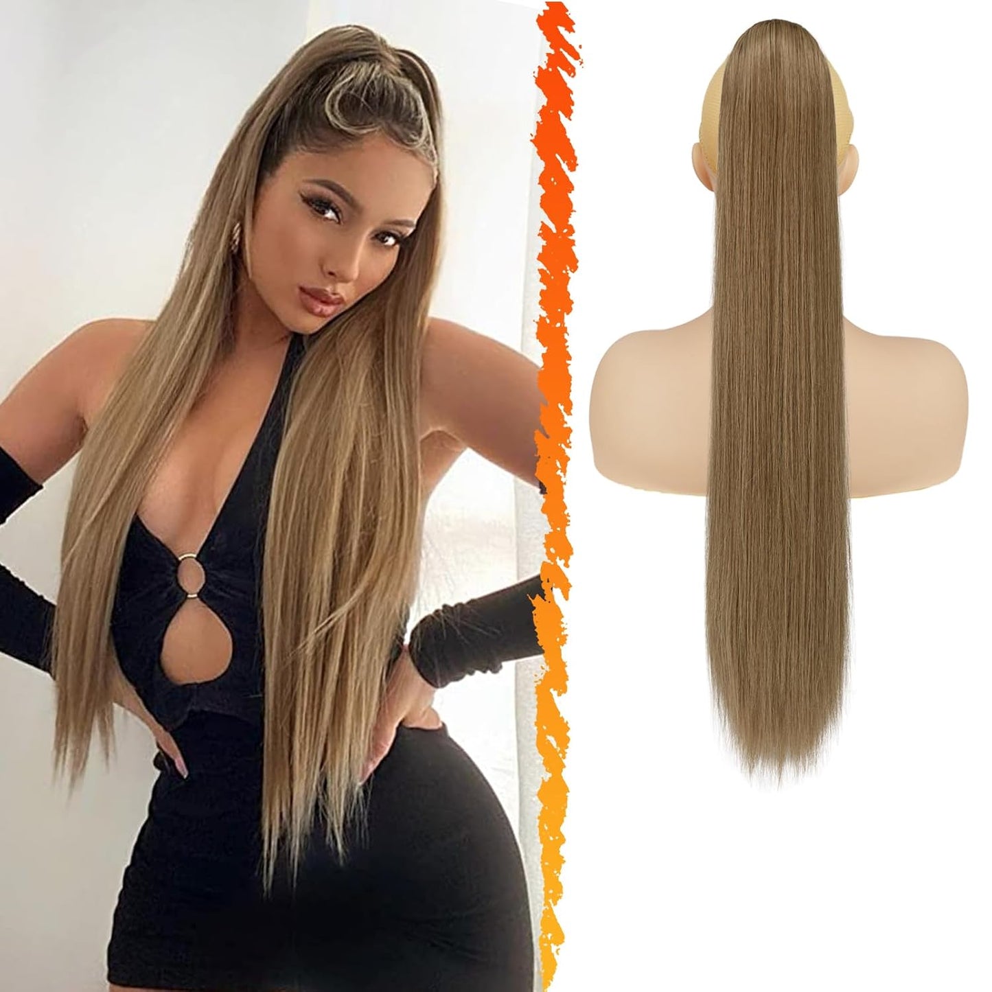 Long Straight Ponytail Extension - 26 Inch Brown Synthetic Clip-In Hairpiece for Women | Light Brown Mixed