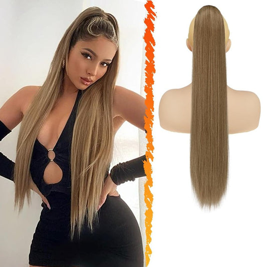 Long Straight Ponytail Extension - 26 Inch Brown Synthetic Clip-In Hairpiece for Women | Light Brown Mixed