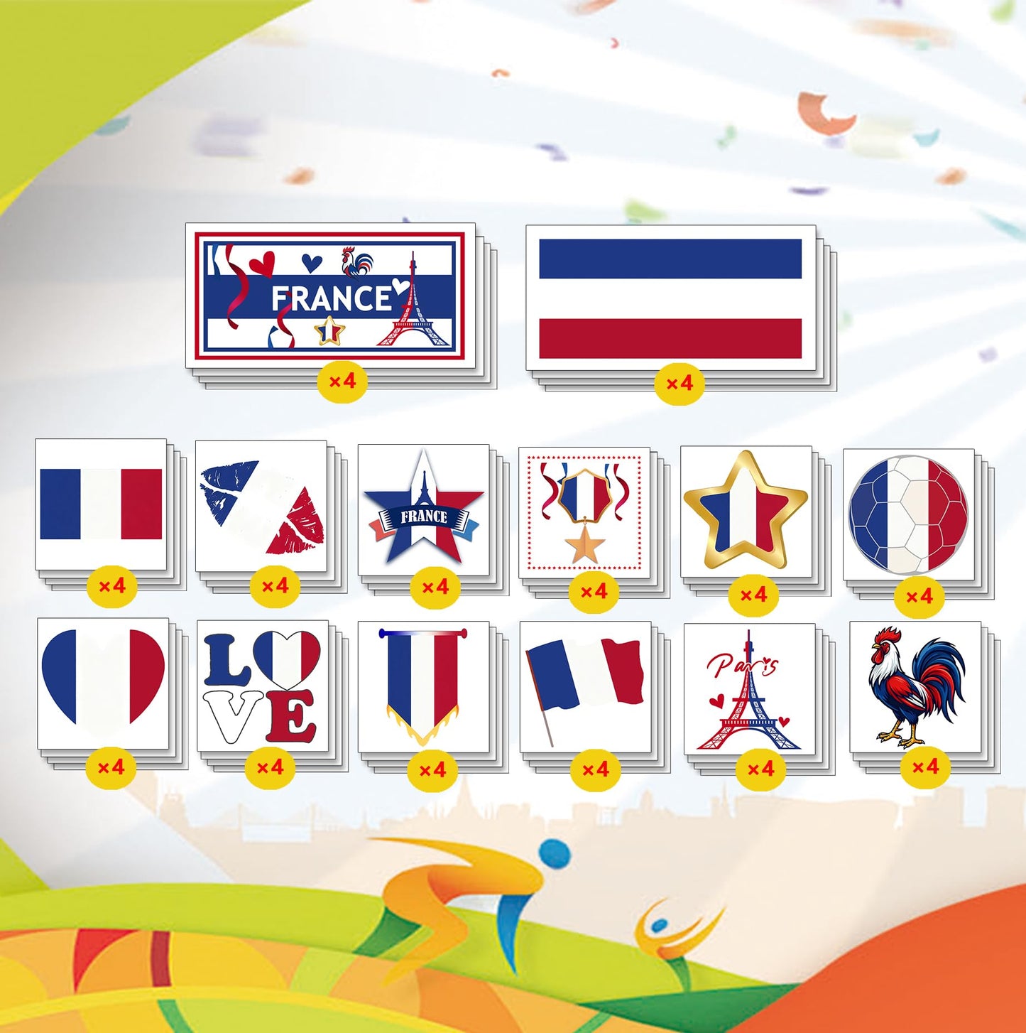 ZH BOCO ARTS 56Pcs French flag Temporary Tattoos Waterproof for World Cup Adults Kids,France Flag Temporary Tattoos Face Body Art Stickers for Football Fans Sports Events Festival Party Supplies