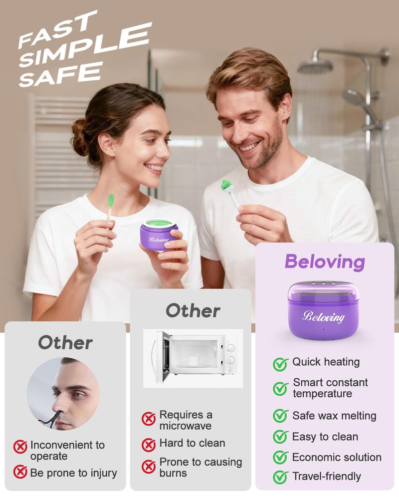 Nose Wax Kit Men, Mini Wax Warmer for Facial Hair Removal, Ear Eyebrow Waxing Kit for Women Men With 100g Beads, 10 Applicators, 10 Nose Sticks, Portable Melt Machine for Home Travel Use - Purple