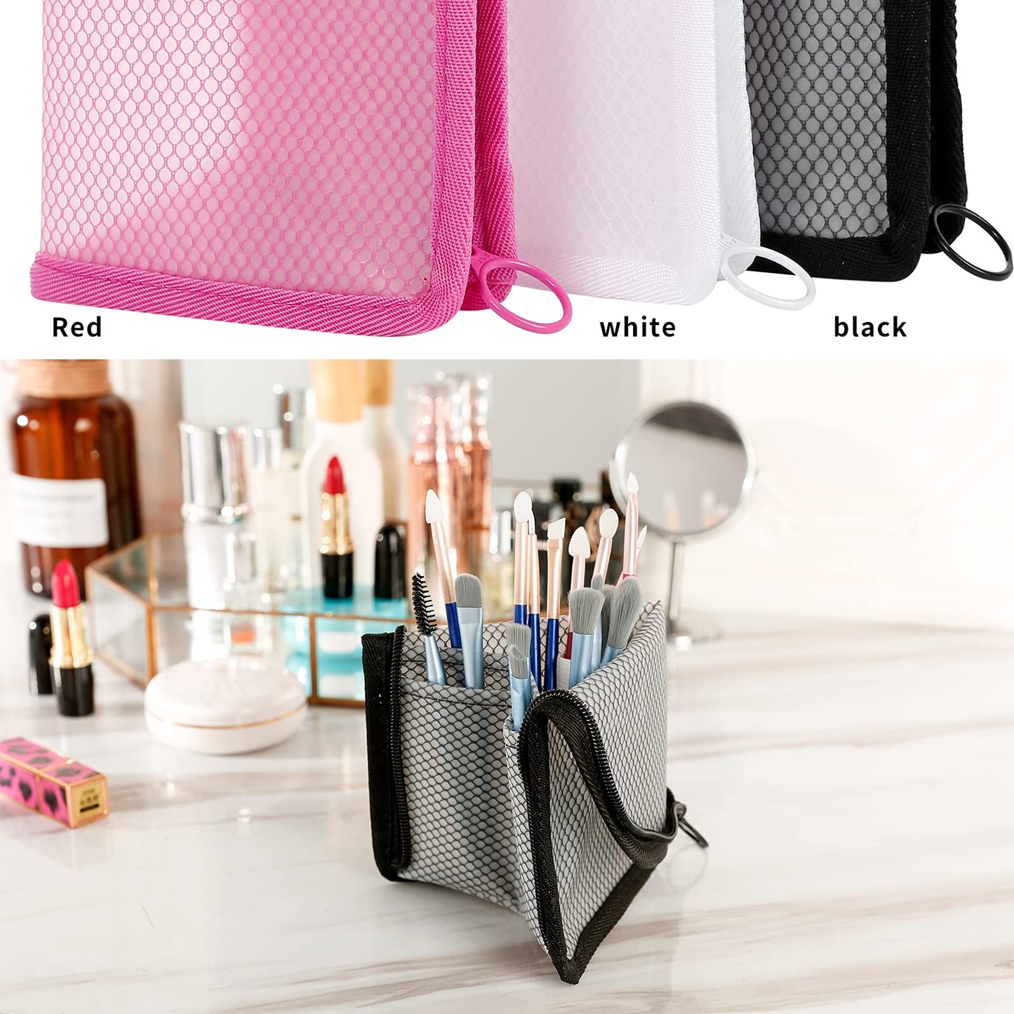 patu Standing Travel Toiletry Bag - Transparent Waterproof PVC Mesh Pouch with Triangle Design for Bathroom Essentials & Personal Care, Black