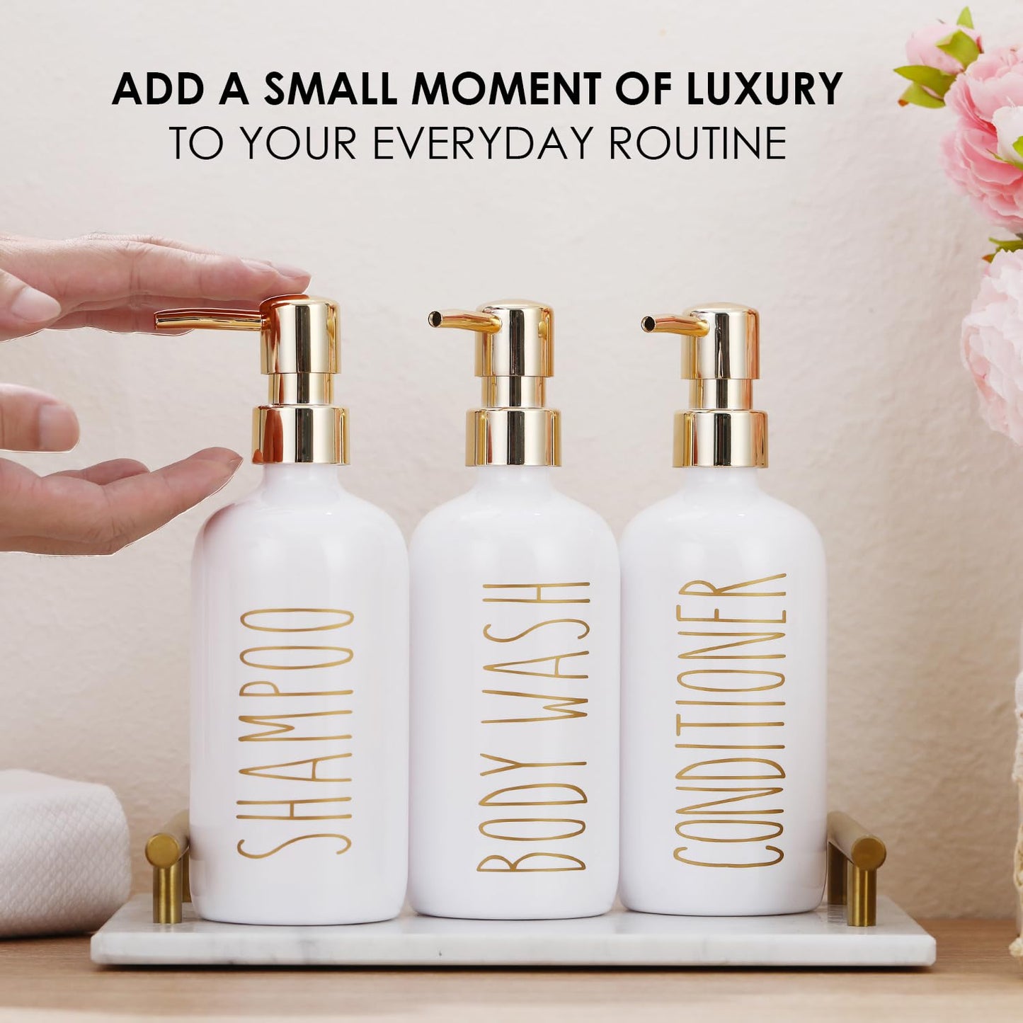 HOMCDALY Shampoo and Conditioner Dispenser Set of 3, 21oz Shower Soap Bottles with Pump, Refillable Shampoo Conditioner Body Wash Dispenser, Bathroom Shower Shampoo Bottles, Shampoo Container(P-Gold)