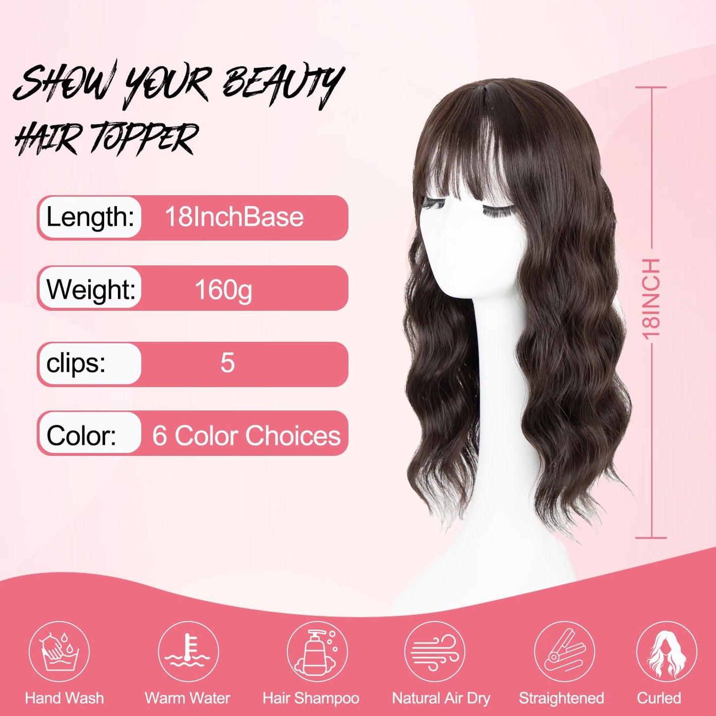 Sakuraaa Hair Toppers for Women - 18" Long Wavy Synthetic Hair Piece | 6.5"x6.5" Large Base in Dark Brown