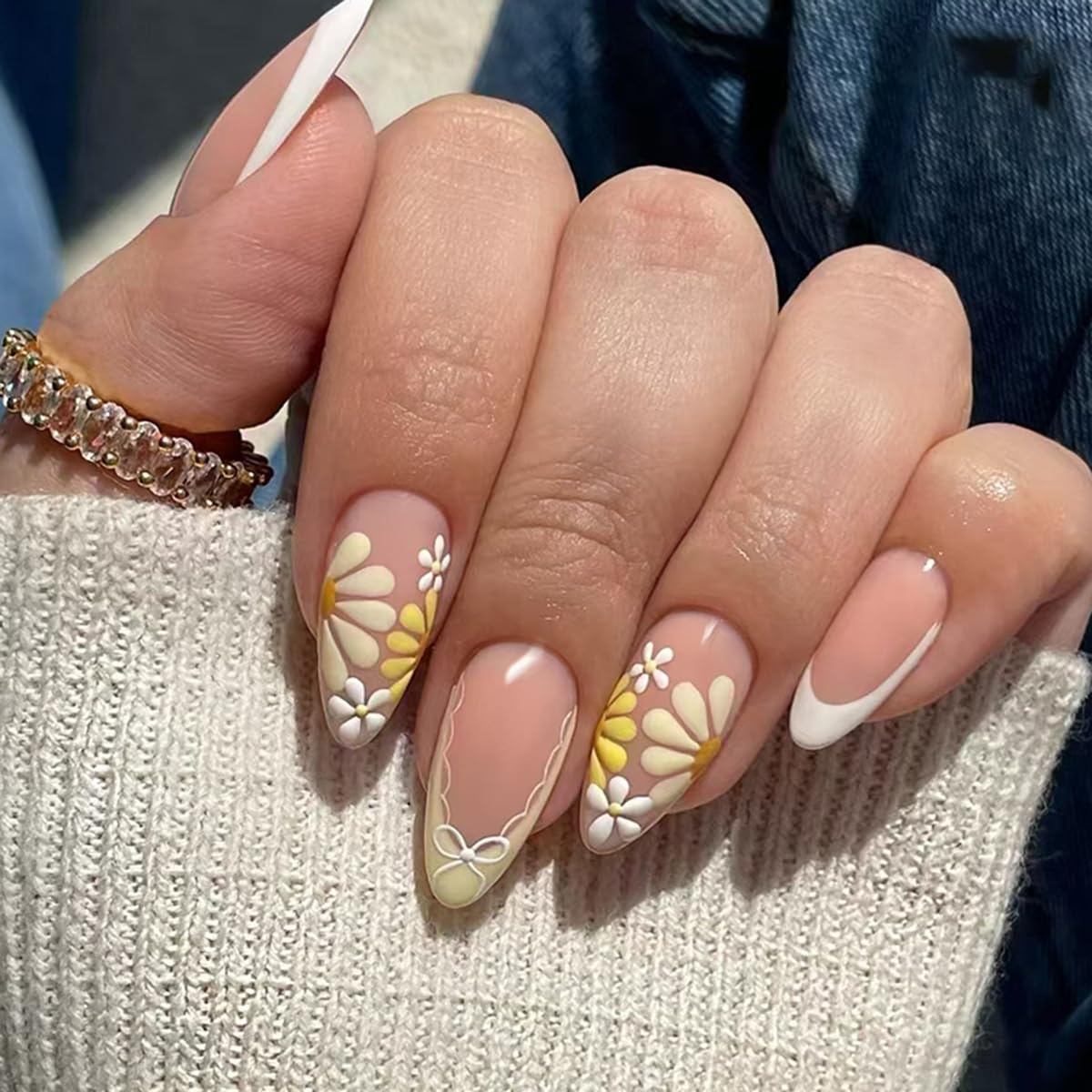 Pink Press-On Nails - 24 Pcs Short Almond White French with 3D Pearl Bow & Butterfly Design | Full Cover Acrylic Nail Art Tips for Women