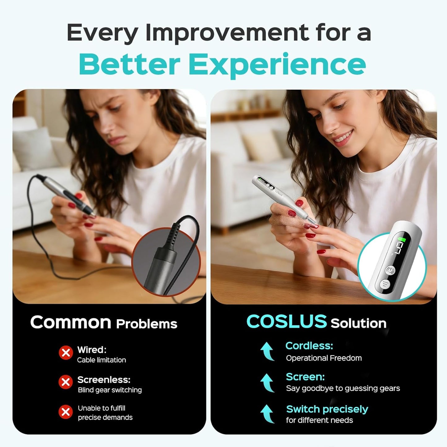 COSLUS Cordless Nail Drill - Professional Electric Nail File Kit with LED Screen | Portable for Home & Salon Use, Gray
