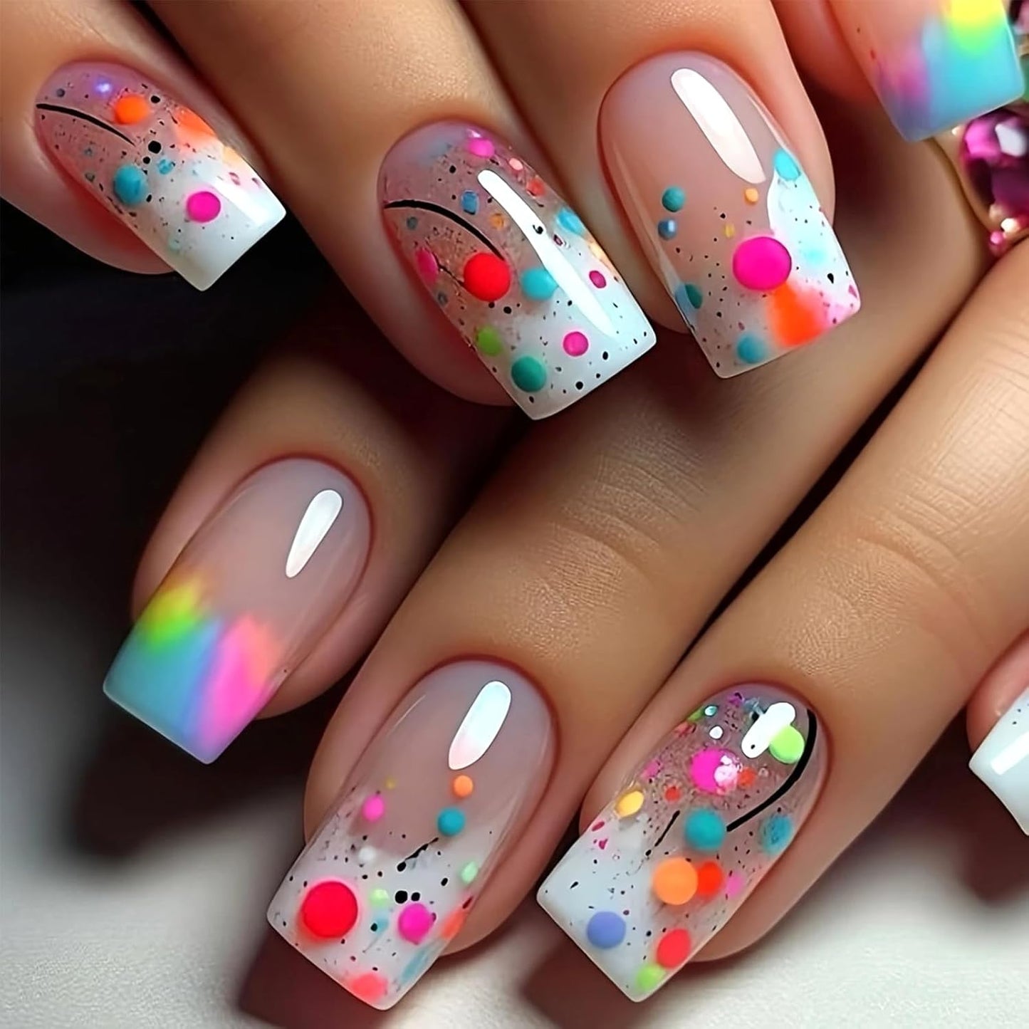 Press On Nails - Short Square Pink Fake Nails with Sea Fish Coral Designs | Glossy Glitter Reusable 24 Pcs