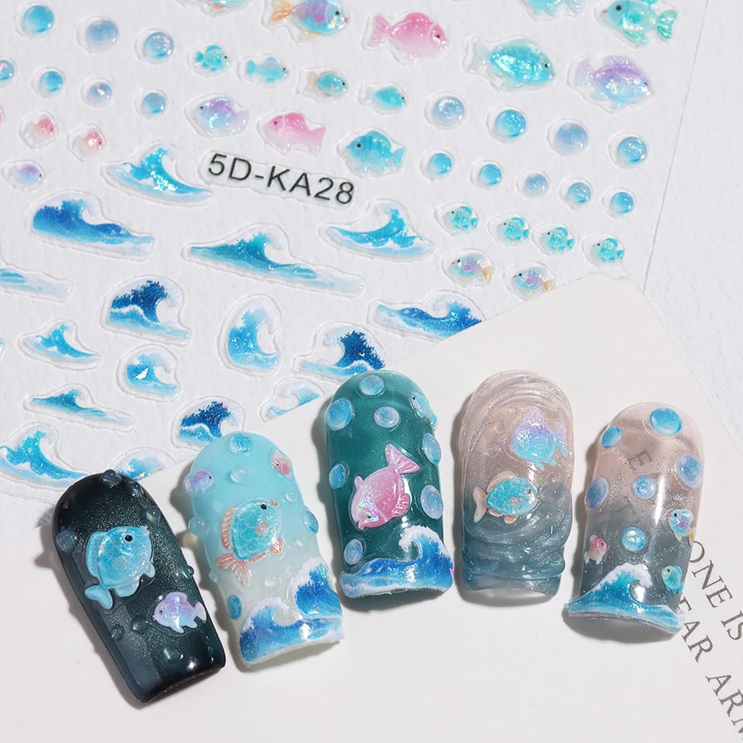 5D Ocean Nail Stickers - Tropical Beach Nail Art Decals | Blue Wave, Fish & Sailboat Designs - 2PCS