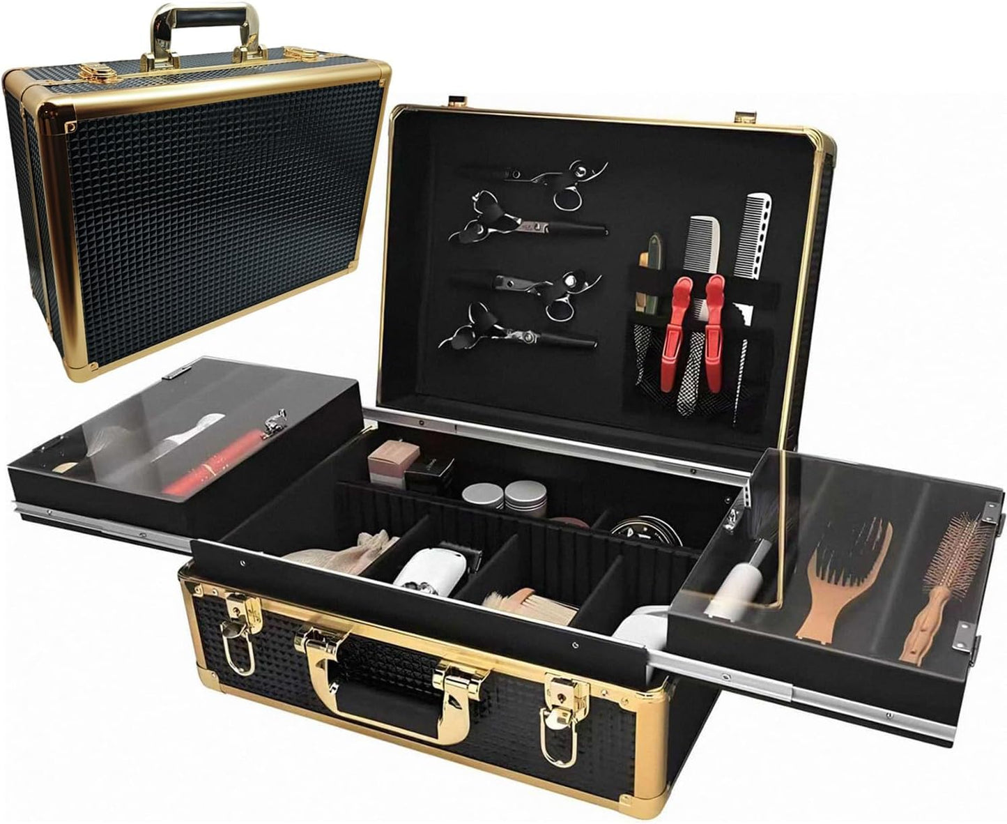 QIPOKAN 3-Layer Large Barber Travel Case with 6 Electric Clipper Slots and Transparent Acrylic Sliding Tray, Professional Barber Case,Suitable for Beauty Hair Stylist Salon Makeup Artist (Gold)