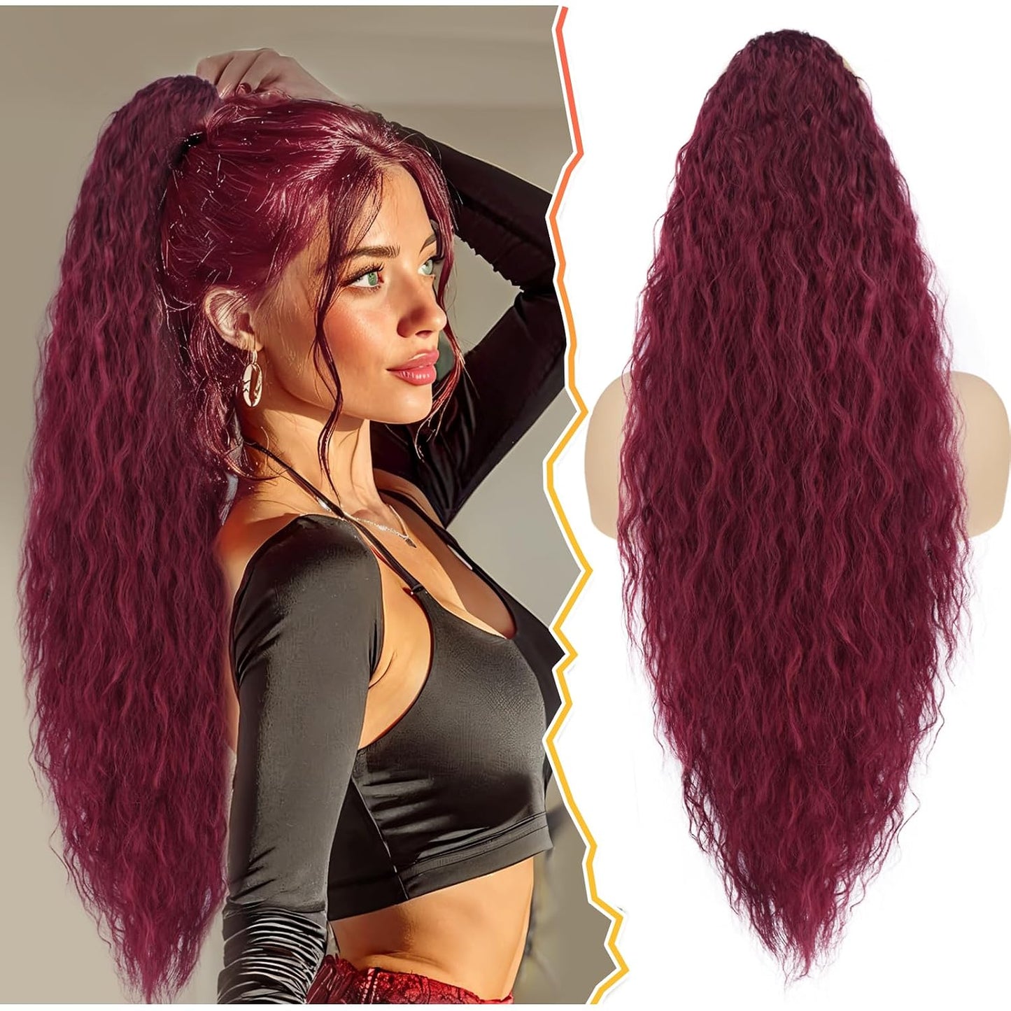 22 Inch Black Curly Wavy Drawstring Ponytail Extension - Synthetic Clip-In Hairpiece for Voluminous Bohemian Style