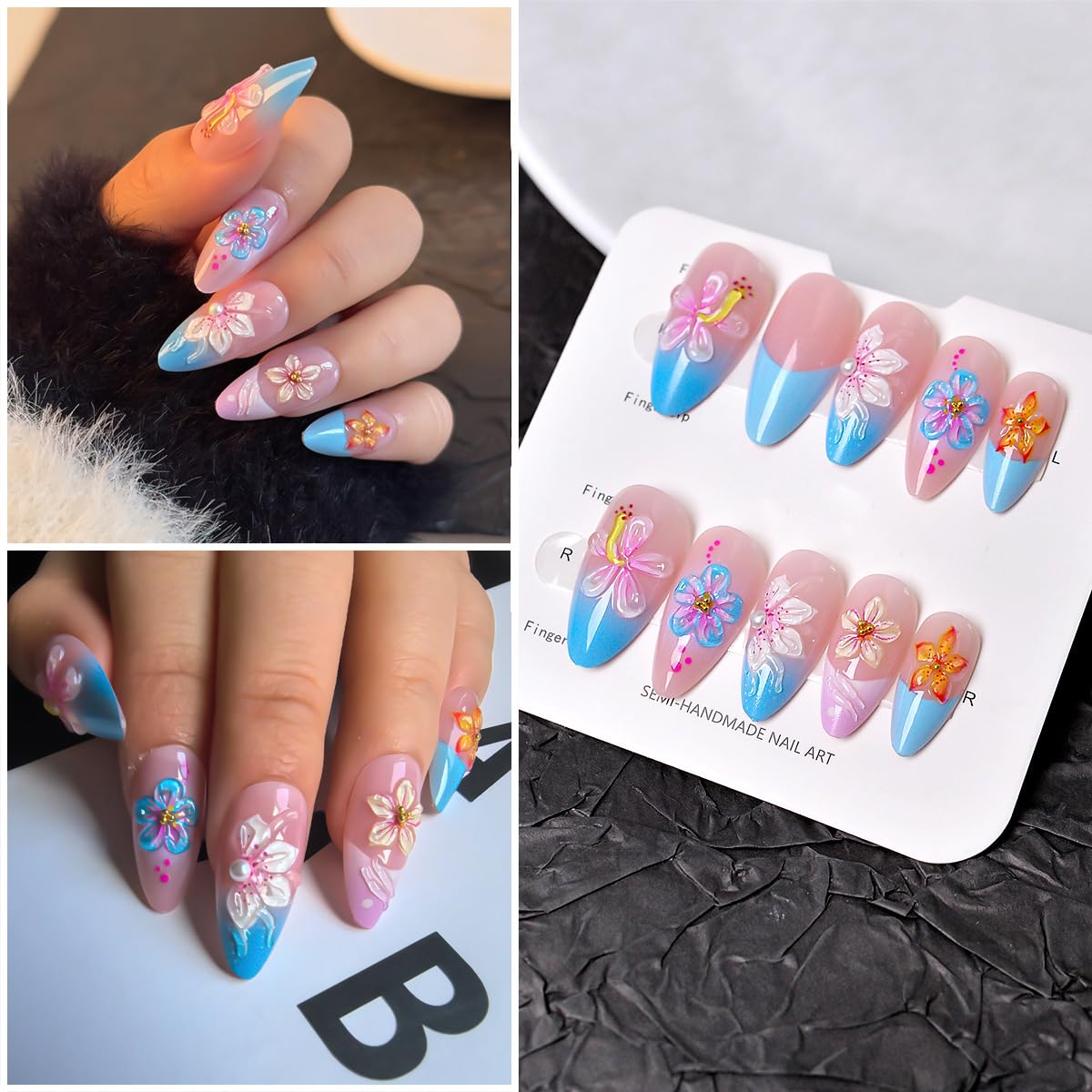 3D Flower Press-On Nails - Medium Almond French Tip with Rhinestones | Tropical Floral Design in Pink & Blue Gradient, Reusable Full Cover for Women