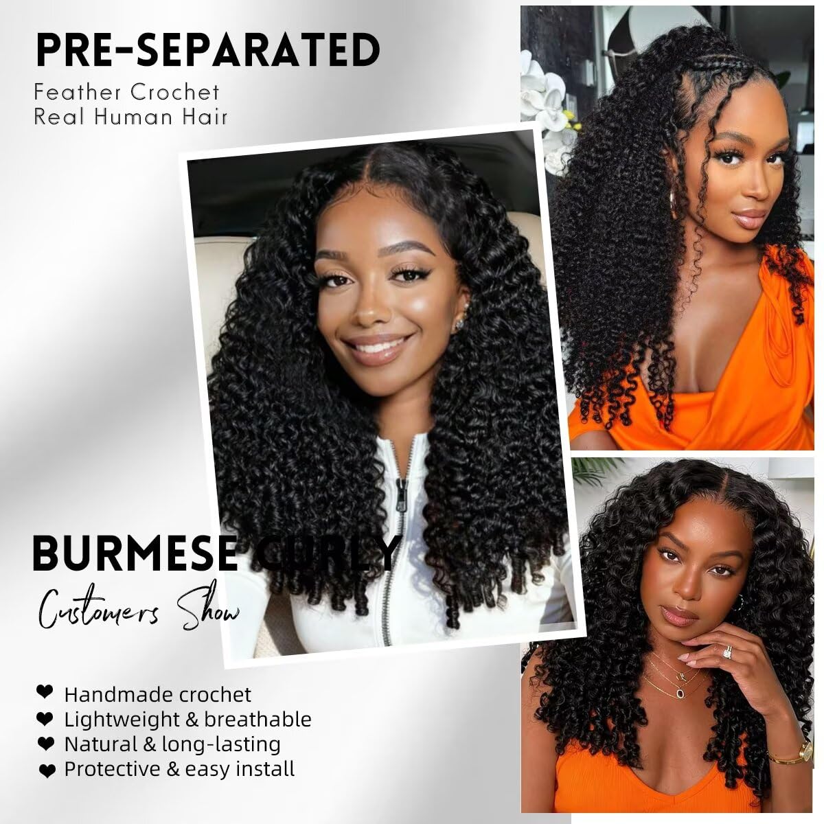 Burmese Curly Crochet Human Hair Pre Looped 120 grams Feather Human Crochet Hair Extensions Invisible Pre-Separated Knotless 100% Virgin Human Hair Crochet Bundles 100 Strands 16 Inch