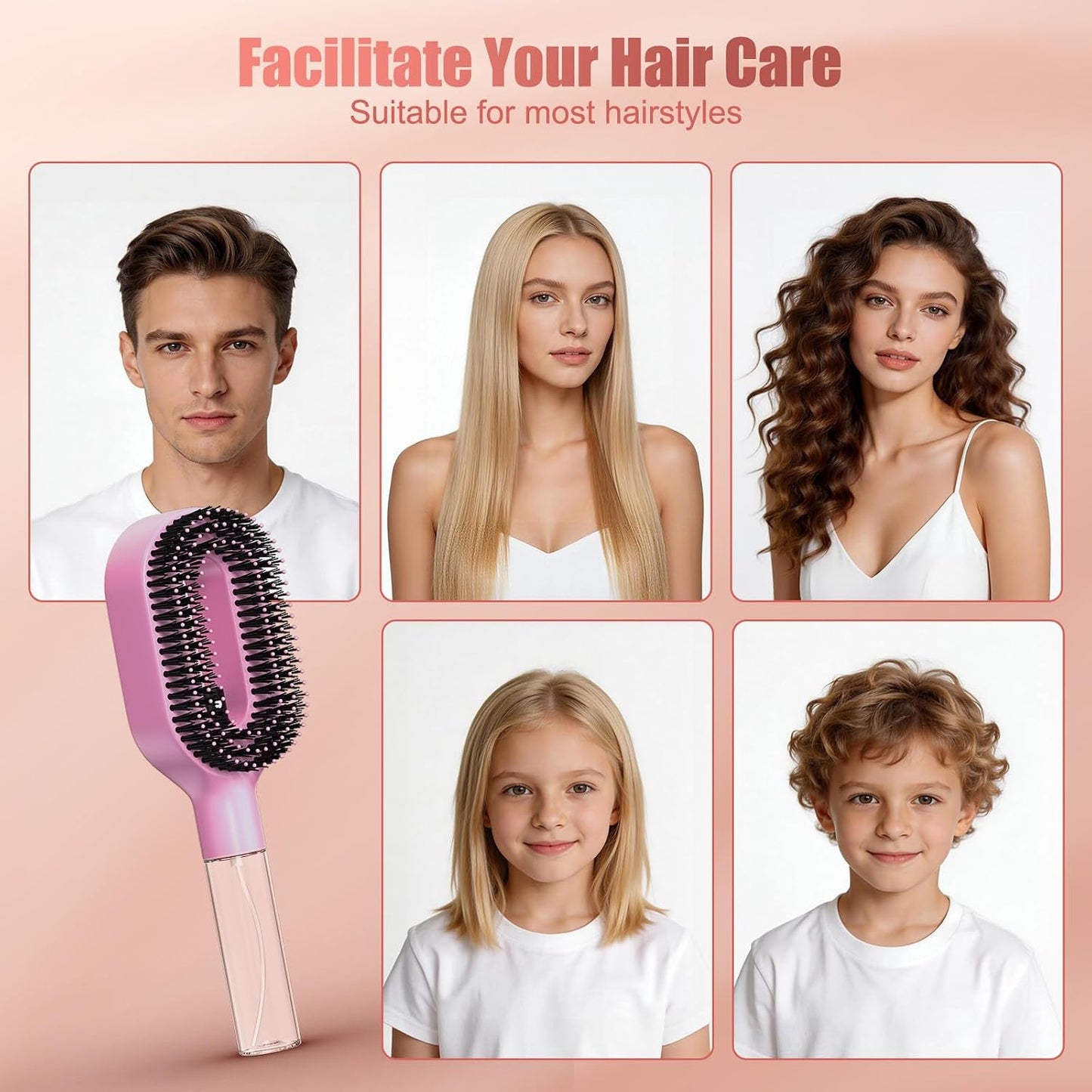 Portable Misting Hair Brush - 2-in-1 Wet & Dry Detangling Tool with Water Spray | Anti-Frizz, Suitable for All Hair Types (Pink)