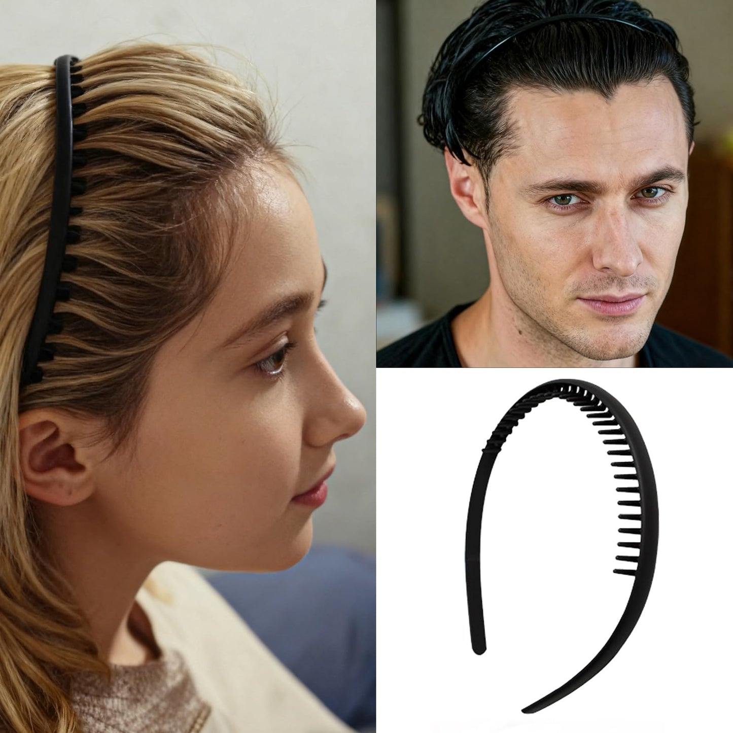 GIYAWA 6 PCS Headbands with Teeth Non Slip Comb Headband Fashion Plastic Hair Bands Hair Accessories for Women Men Teens Girls, Bright Black