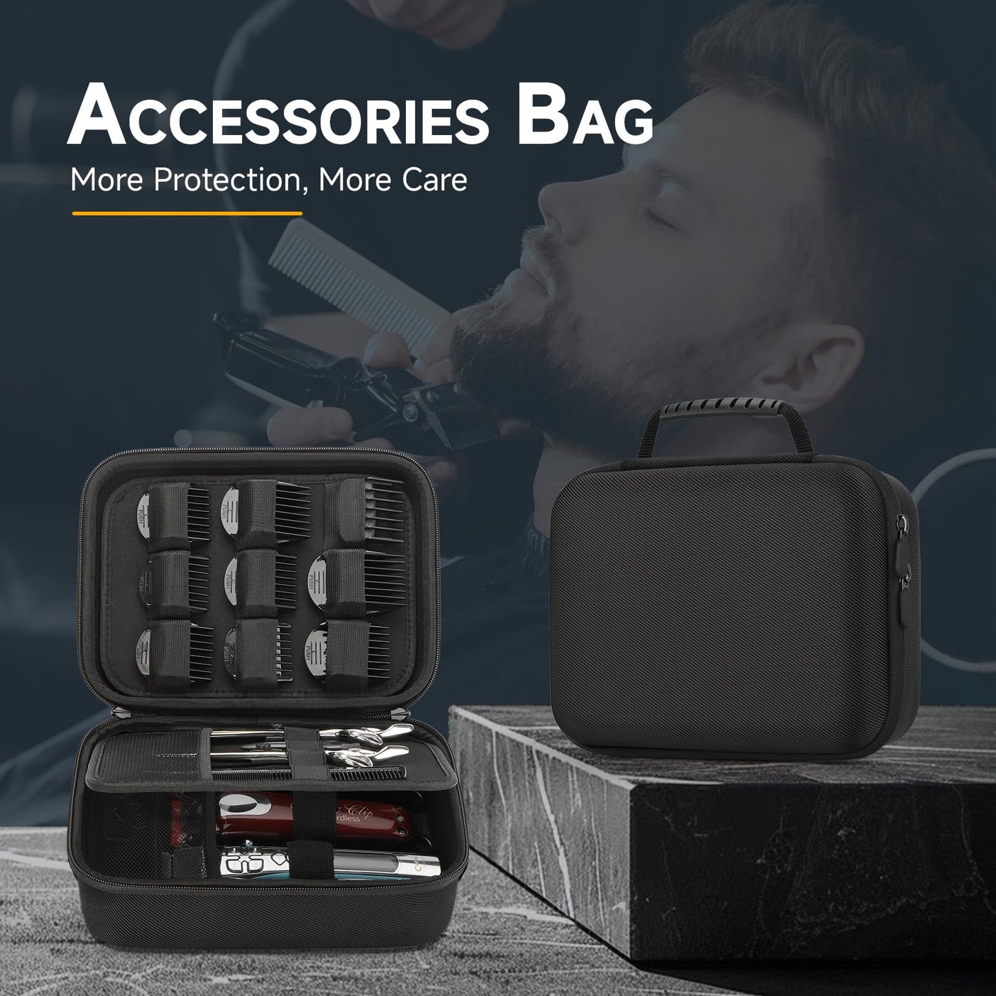 MOSLA Hard Barber Accessories Case for Hair Clippers, Mens Hair Cutting Barber Supplies Holder Organizer Storage Bag for Hair Cutting, Guard Grooming Kit (Nylon Black)