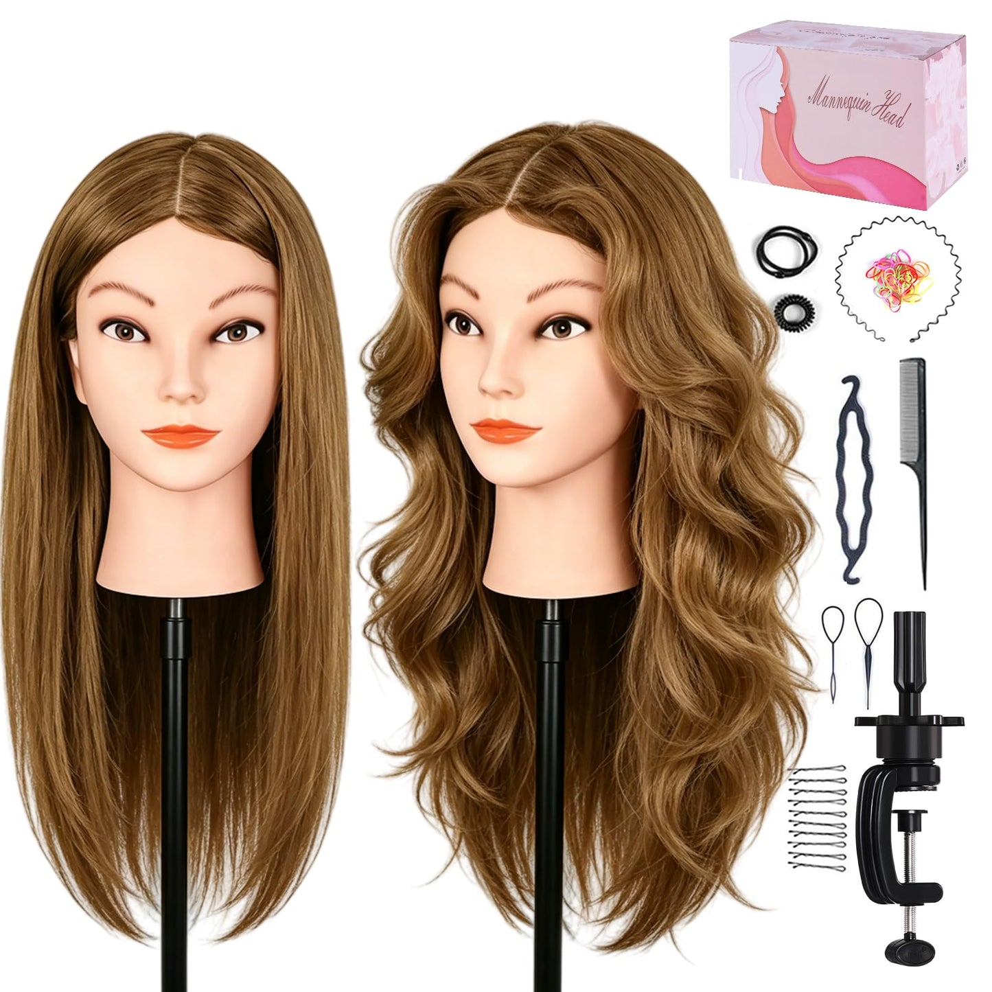 Mannequin Head with 100% Real Human Hair, Beauty Star 18" Gold Brown Hair Art Manikin Cosmetology Head, Doll Manican Head to Practice Hair Styles, Hairdressing Training Head and Stlyist Suppliew
